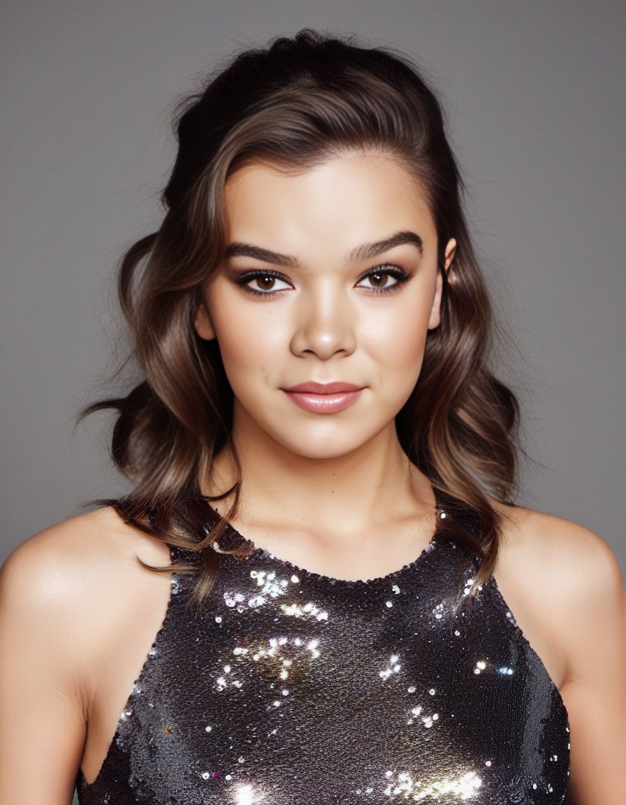 HaileeSteinfeld,<lora:HaileeSteinfeldSDXL:1>The image features a beautiful woman wearing a dark grey sequin dress, which is adorned with bronze sequins. She is posing for the camera, with her hand on her chin, lipstick, and her long hair is styled in a ponytail. The woman appears to be confident and poised, showcasing her elegant attire and striking appearance.
