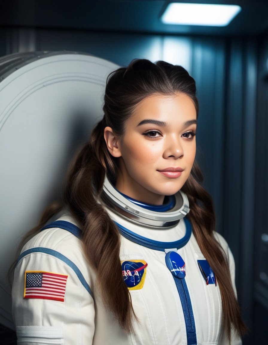 HaileeSteinfeld,<lora:HaileeSteinfeldSDXL:1>,photo,detailed background, stunning beauty, high quality photo, perfect composition, perfect details and textures, highly detailed, front view, looking at camera, perfect lighting, with an astronaut suit in the space station
