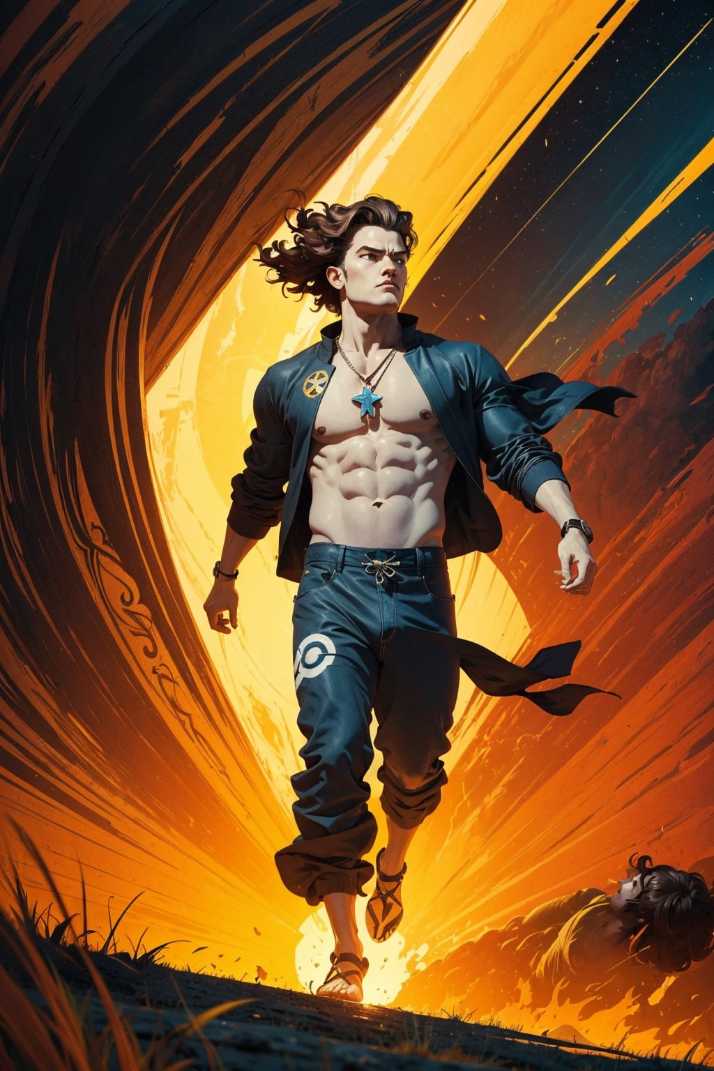 1boy, solo, Nate Grey, oil painting, impasto, action scene, looking at viewer, a teenager boy, 16 years old, long wavy brown hair, white streak in hair, blue eyes, glow eyes, tribal necklace, slim, athletic. ninja outfit, baggy oufit,   black jacket, psychedelic landscape background, masterpiece, nijistyle, niji, ,sciamano240, soft shading, fantasy, nate grey