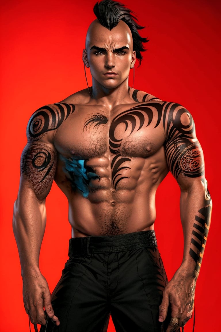 Daken is a handsome man, 19 years old, black hair, thick hair, mohawk haircut, shaving the sides of the head, brown eyes. Atletic build. Large tribal tattoo extending from the center of his abdomen and covering most of his left pectoral muscle, trapezius, and arm all the way down to his hand, black tattoo. black baggy pants., sciamano240, 1boy, daken