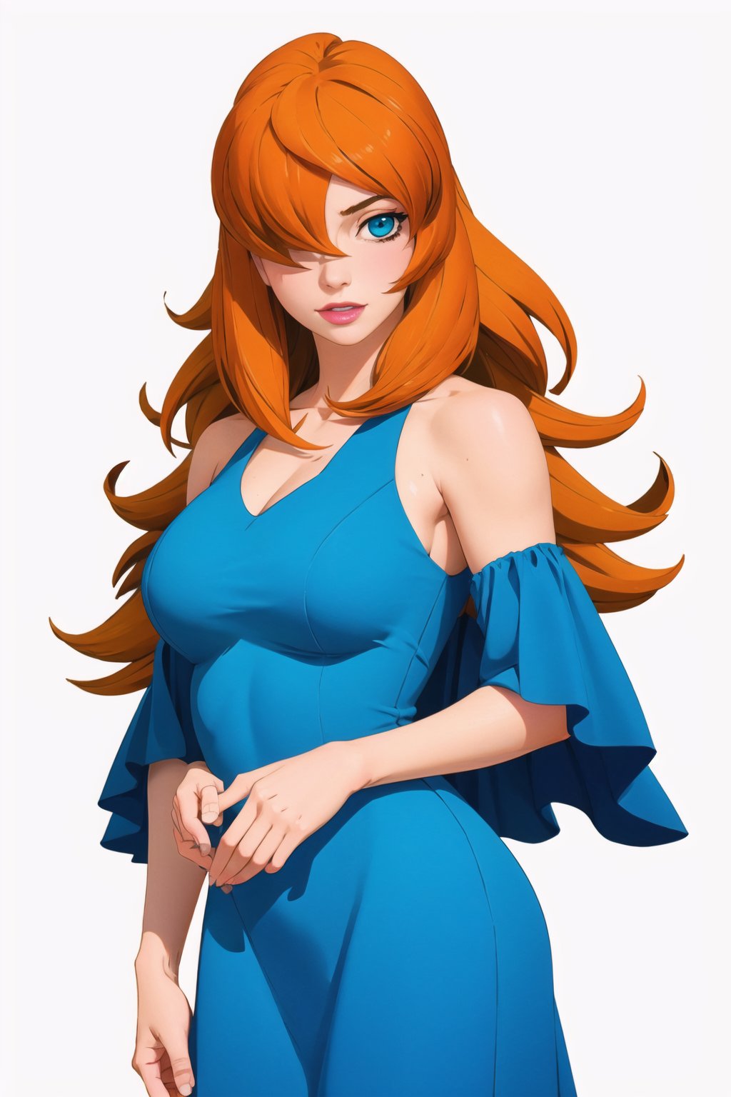 (masterpiece, best quality, high_res, detailed background, realistic),1girl, meiterumi, hair_over_one_eye, orange_hair, blue dress, large_breasts