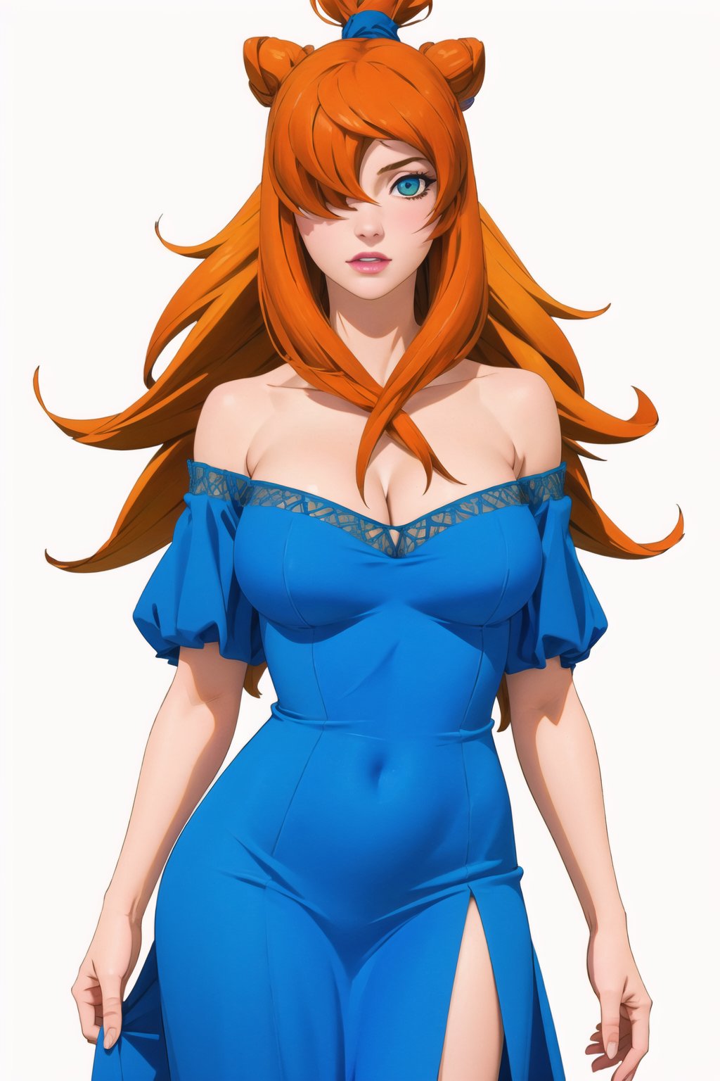 (masterpiece, best quality, high_res, detailed background, realistic),1girl, meiterumi, hair_over_one_eye, orange_hair, blue dress, large_breasts, off_shoulders, cowboy_shot, absolute_cleavage, very_long_hair, hair_bun