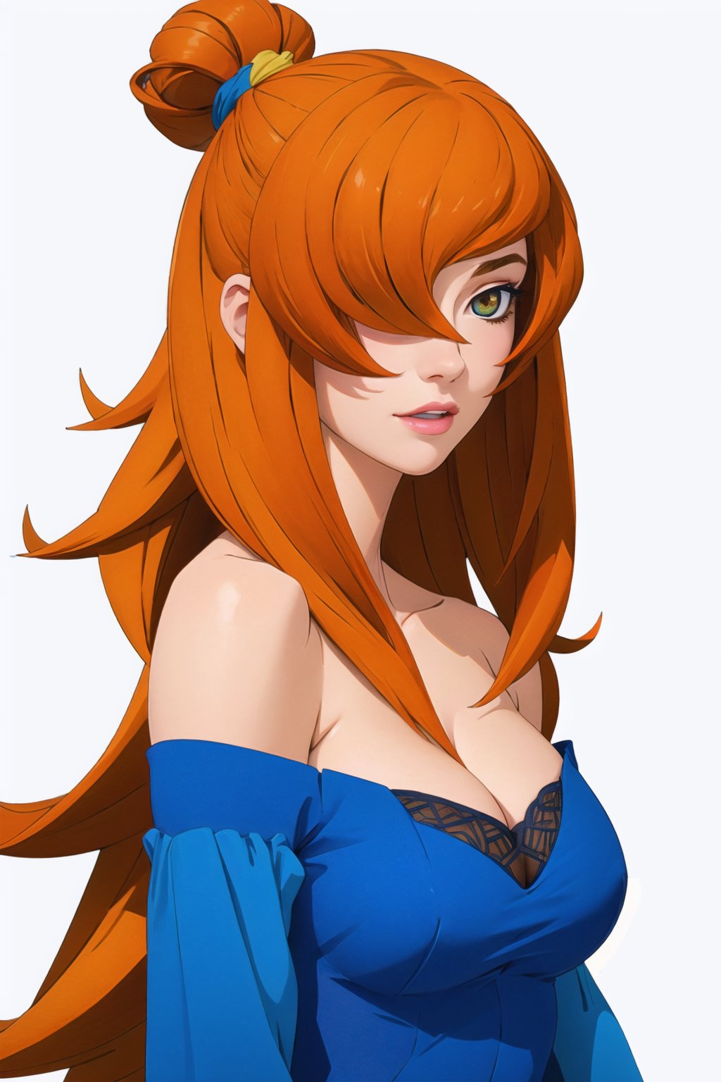 (masterpiece, best quality, high_res, detailed background, realistic),1girl, meiterumi, hair_over_one_eye, orange_hair, blue dress, large_breasts, off_shoulders, absolute_cleavage, very_long_hair, hair_bun