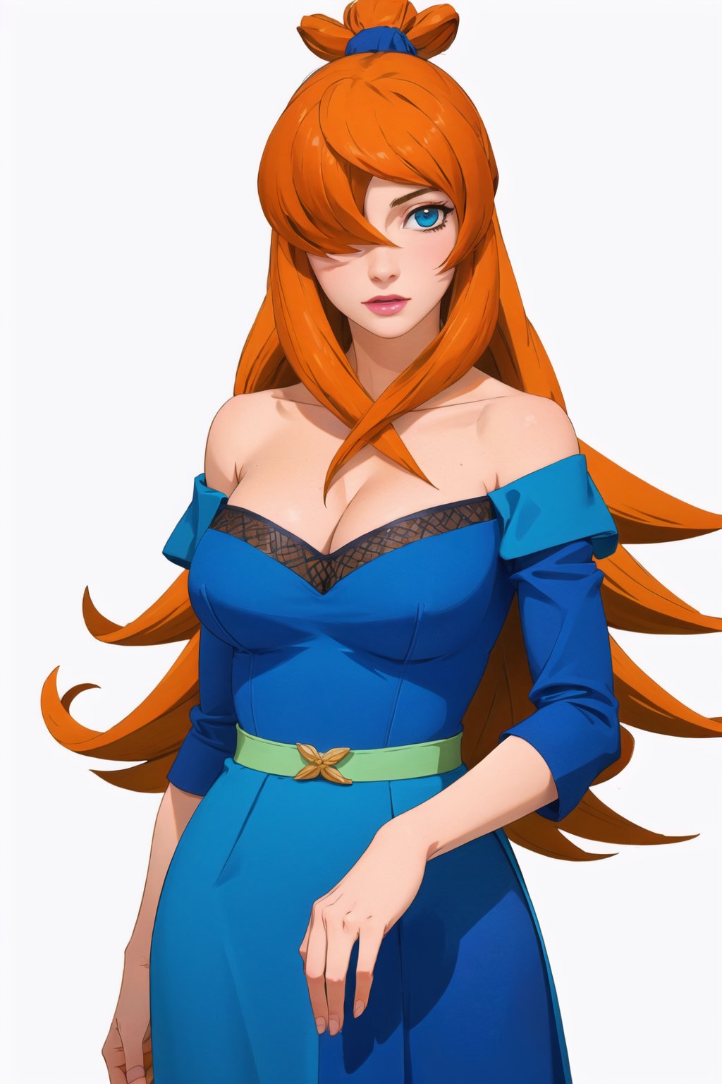 (masterpiece, best quality, high_res, detailed background, realistic),1girl, meiterumi, hair_over_one_eye, orange_hair, blue dress, large_breasts, off_shoulders, cowboy_shot, absolute_cleavage, very_long_hair, hair_bun
