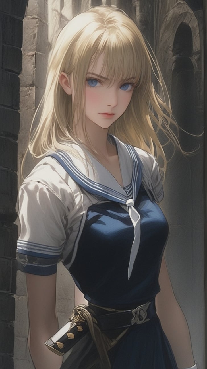 Full figure portrait of a girl \(Blood the vampire hunter Saya\) swinging sword,sailor student uniform \(blue white color\),well-drawn hands,hourglass figure,old town backdrop,depth of perspective,(chiaroscuro lighting,volumetric lighting,soft rim lighting,key light reflecting in the face and eyes:1.2),hyperdetailed,oc rendering,ultra-realistic,claymore,real_booster, art_booster,ani_booster,art_booster