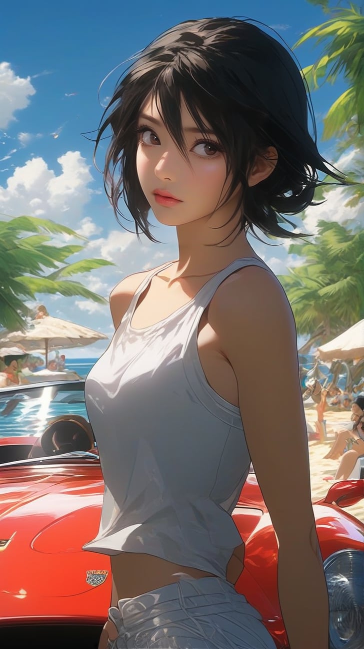Ultra-detailed anime of a pretty girl,leaning on a sports car,detailed exquisite face,shiny soft skin,short pants and tank top,detailed complex beach street backdrop,trending on artstation,anime style,rukia style,model pose,hyper-realistic,intricate details,sharp focus,high contrast,cinematic lighting,side light on face,ani_booster, real_booster,art_booster