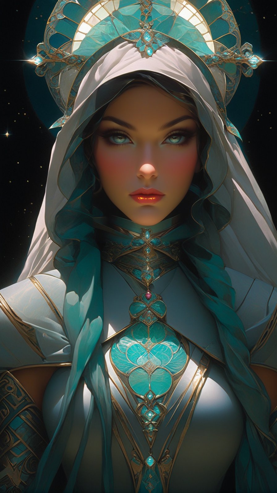 (Full figure) portrait of gorgeous singularity goddess,detailed exquisite face,detailed soft shiny skin,(Aqua Blue,Raspberry Red,Mint Cream,Hazel Brown colors),art nouveau,hourglass figure,hyperdetailed,(chiaroscuro lighting,soft rim lighting,key light reflecting in the eyes),octane render,kodachrome 800,rule of thirds,claymore,by Karol Bak,Luiz Escañuela and Hayao Miyazaki, real_booster,art_booster,ani_booster