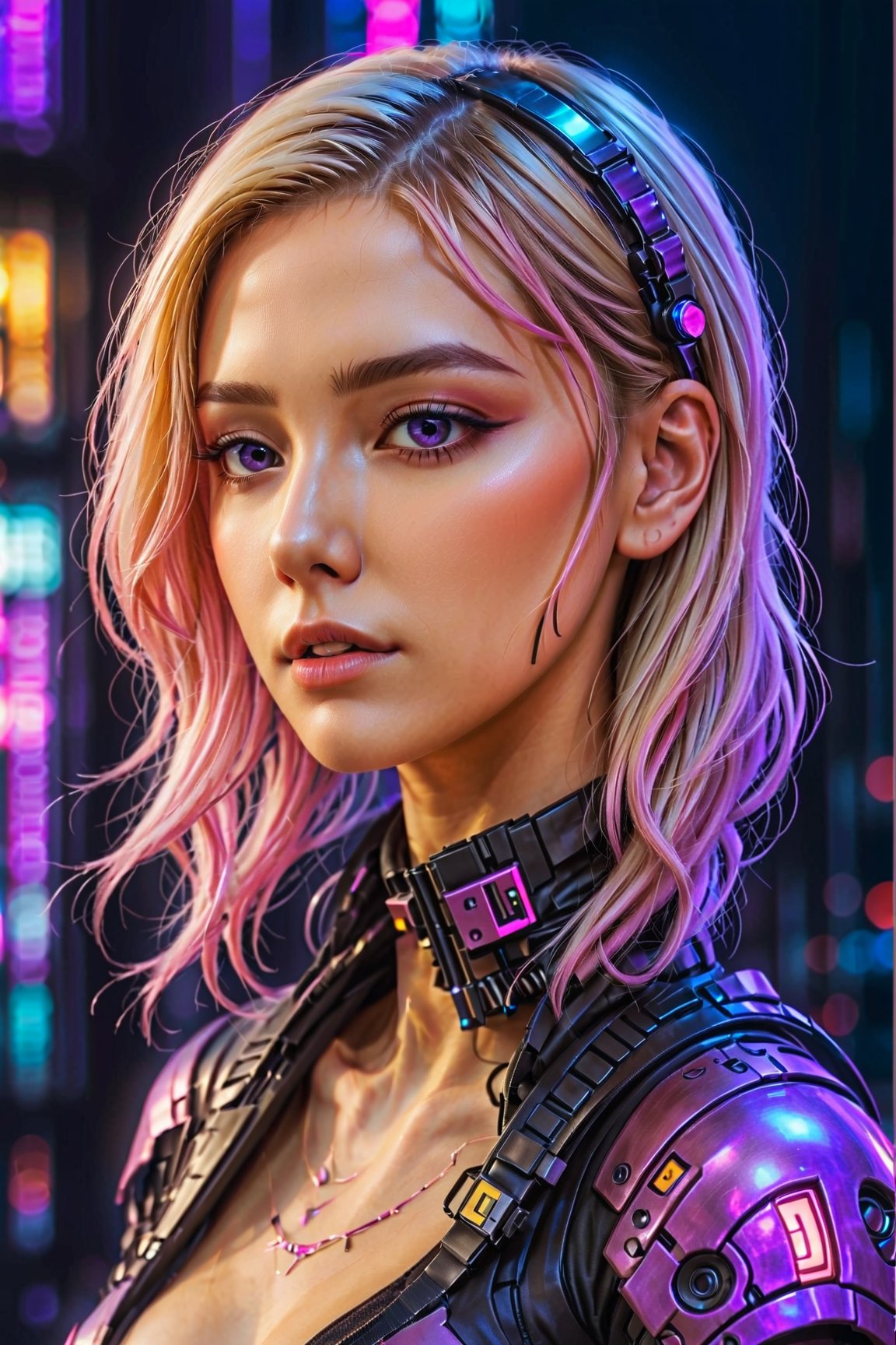 a blonde woman with hair shaved on one side and long to her chin on the other, she is about 22 years old, very cyberpunk in a futuristic universe purple and pink background with a light

