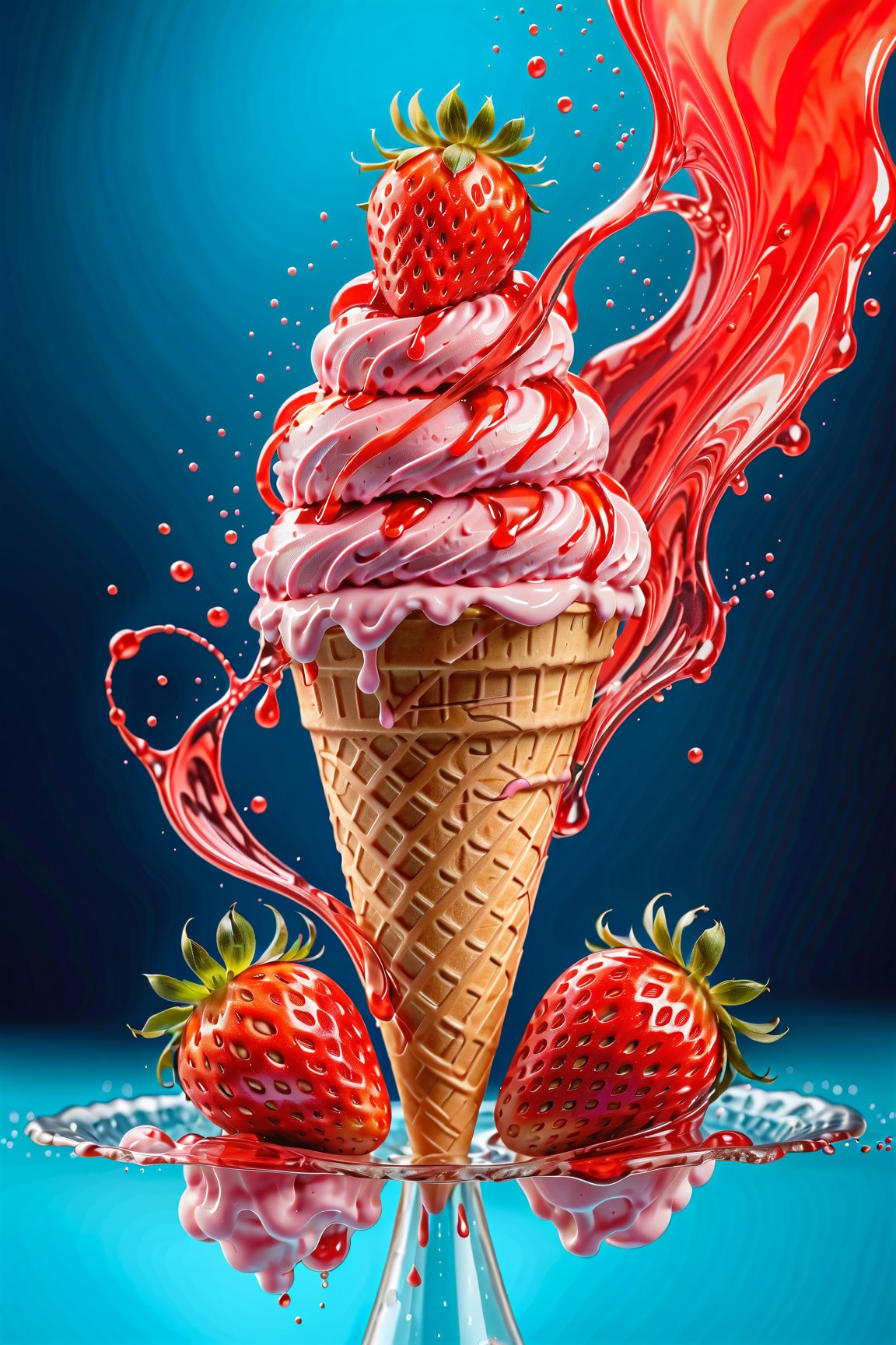 A delicate strawberry colorful luminescence ice cream concept design. Colorful water splash around the ice cream. A refreshing concept akin with a product photoshoot

