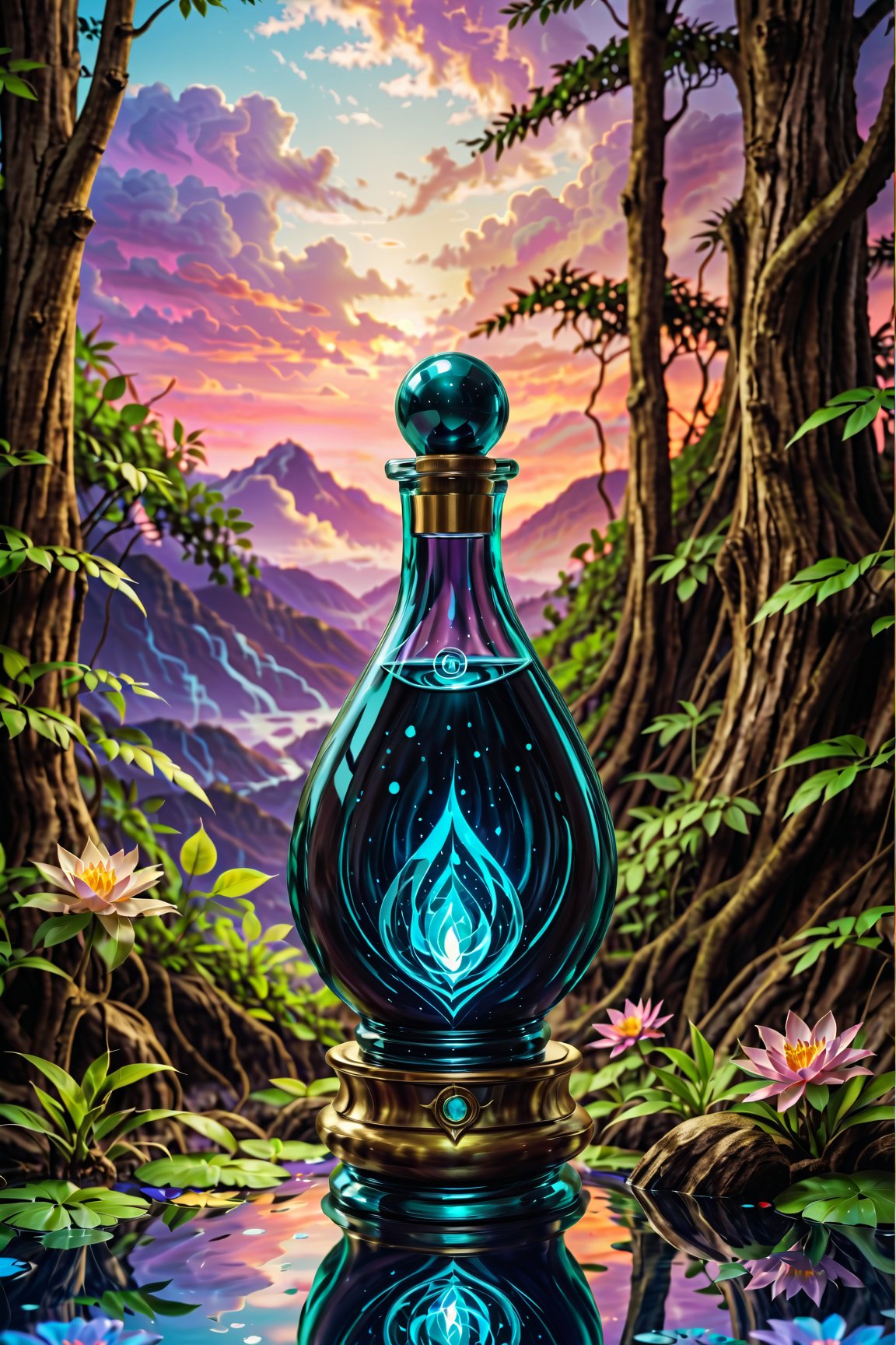 Potion of Eternal Youth: "Design a potion of luminous, pearlescent liquid, in an elegantly shaped bottle with eternal youth runes. The backdrop is a vibrant, ageless utopia, reflecting the potion's gift of everlasting youth and beauty."

