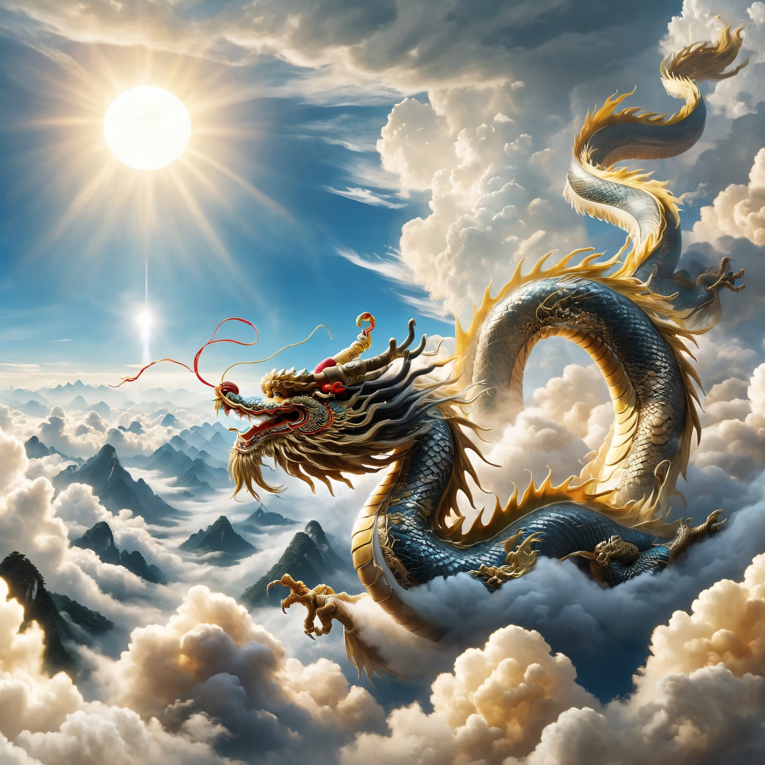 Majestic scene of 'The dragon soars in the sky' from the I Ching, magnificent Chinese dragon, detailed and vibrant, soaring above clouds, symbolizing apex of achievement, elegant winding body, strength and grace, awe-inspiring backdrop of clear blue sky and fluffy white clouds, highlighting ascendant position and celebrated status, by FuturEvoLab, (Masterpiece, Best Quality, 8k:1.2), (Ultra-Detailed, Highres, Extremely Detailed, Absurdres, Incredibly Absurdres, Huge Filesize:1.1), vivid colors, dynamic composition