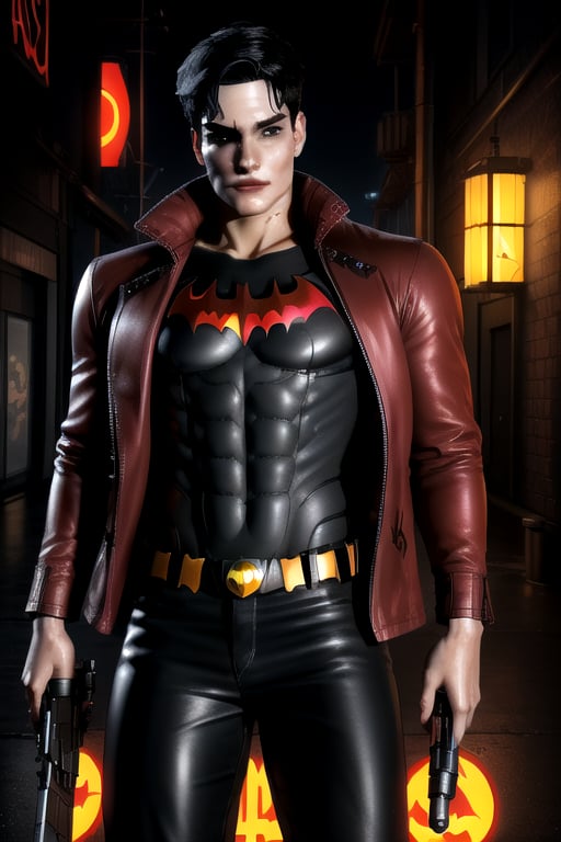 Jason Todd is a 19 year old young man. Black hair, white streak hair, amber eyes. Slim body. He wears a baggy black shirt,  red Batman logo. He wears a thigh-length pale brown jacket, gun in hand. baggy black  pants. interactive image, highly detailed, jason, sciamano240