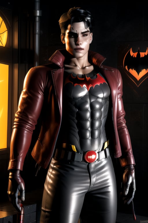 Jason Todd is a 19 year old young man. Black hair, white streak hair, amber eyes. Slim body, athletic build. He wears a baggy black  shirt,  red Batman logo. He wears a thigh-length pale brown jacket.  black baggy pants. interactive image, highly detailed, jason, sciamano240