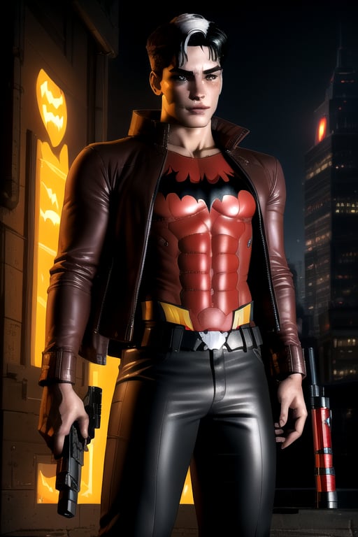 Jason Todd is a 19 year old young man. Black hair, white streak hair, amber eyes. Slim body, athletic build. He wears a baggy black  shirt,  red Batman logo. He wears a thigh-length pale brown jacket, gun in hand. baggy black  pants. interactive image, highly detailed, jason, sciamano240