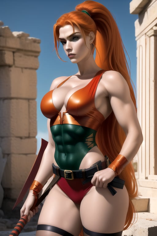 Artemis of Bana-Mighdall is a beautiful and dangerous 25-year-old woman. She has long red-orange hair, ponytail, green eyes. muscular body, she has big breasts, she wears a black leotard with red lines, red gloves up to the elbow, ripped abs, wide hips, red belt, wide thighs, red knee-high stockings. She wields an axe. action atmosphere, blue sky, Greek buildings. interactive image, very detailed, sciamano240, 1girl, artemisa