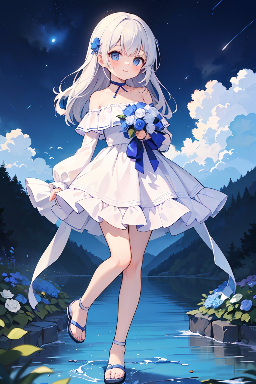 ((masterpiece, best quality, absurdres, highres, ultra detailed, high resolution, very fine 8KCG wallpapers)), 1 girl, solo, smile, white hair, long hair, bangs, blue eyes, dress, bow, blue bow, sandals, bare shoulders, white dress, off shoulder, blue footwear, holding, flower, standing, full body, braid, outdoors, sky, cloud, water, night, rose, blue flower, bouquet, white rose, holding bouquet, standing on one leg, white flower, night sky, starry sky, horizon, looking at viewer,