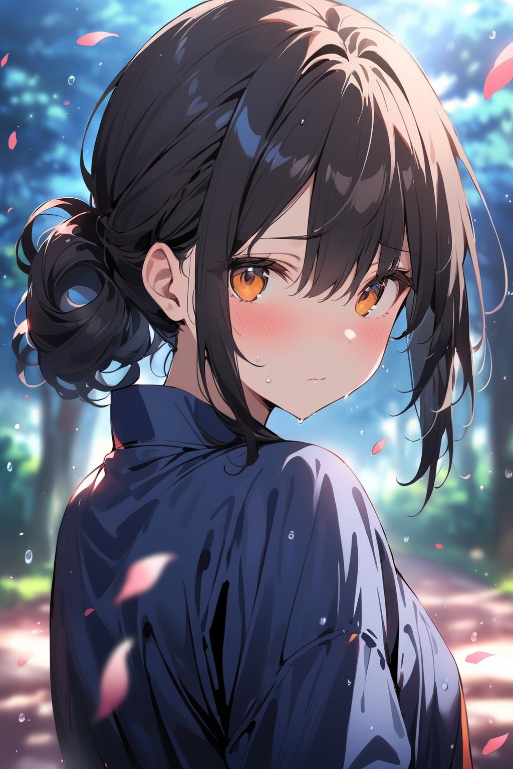 masterpiece, best quality, Visual Anime, 1girl, solo, curly ponytail, looking at viewer, blush, bangs, orange eyes, shirt, hair between eyes, closed mouth, blue rain jacket, sweat, upper body, black hair, outdoors, day, looking back, blurry, tree, petals, blurry background, falling petals