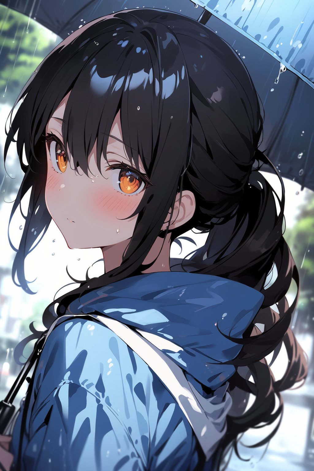  Visual Anime, masterpiece, best quality, 1girl, solo, curly ponytail, looking at viewer, blush, bangs, orange eyes, shirt, hair between eyes, closed mouth, blue rain jacket, hoodie, sweat, upper body, black hair, outdoors, looking back, blurry, tree, petals, blurry background, falling water, rain day, overcast, umbrella
