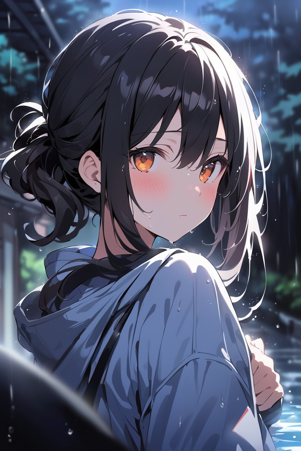  Visual Anime, masterpiece, best quality, 1girl, solo, curly ponytail, looking at viewer, blush, bangs, orange eyes, shirt, hair between eyes, closed mouth, blue rain jacket, dark, hoodie, sweat, upper body, black hair, outdoors, looking back, blurry, tree, blurry background, falling water, rain, overcast, umbrella