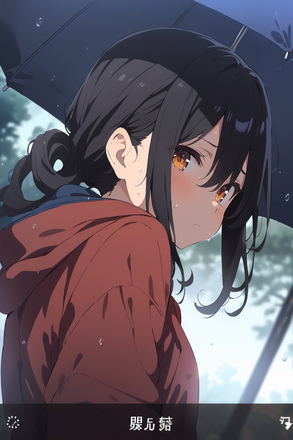  Visual Anime, masterpiece, best quality, 1girl, solo, curly ponytail, looking at viewer, blush, bangs, orange eyes, shirt, hair between eyes, closed mouth, blue rain jacket, dark, hoodie, sweat, upper body, black hair, outdoors, looking back, blurry, tree, blurry background, falling water, rain, overcast, umbrella, anime_screencap, fake_screenshot, dark sky