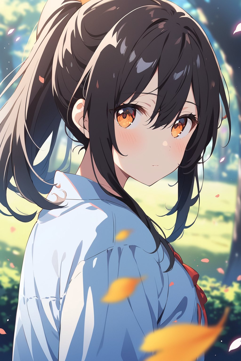 Visual Anime, 1girl, solo, ponytail, looking at viewer, blush, bangs, orange eyes, shirt, hair between eyes, closed mouth, blue shirt, upper body, black hair, outdoors, day, looking back, blurry, tree, petals, blurry background, falling petals