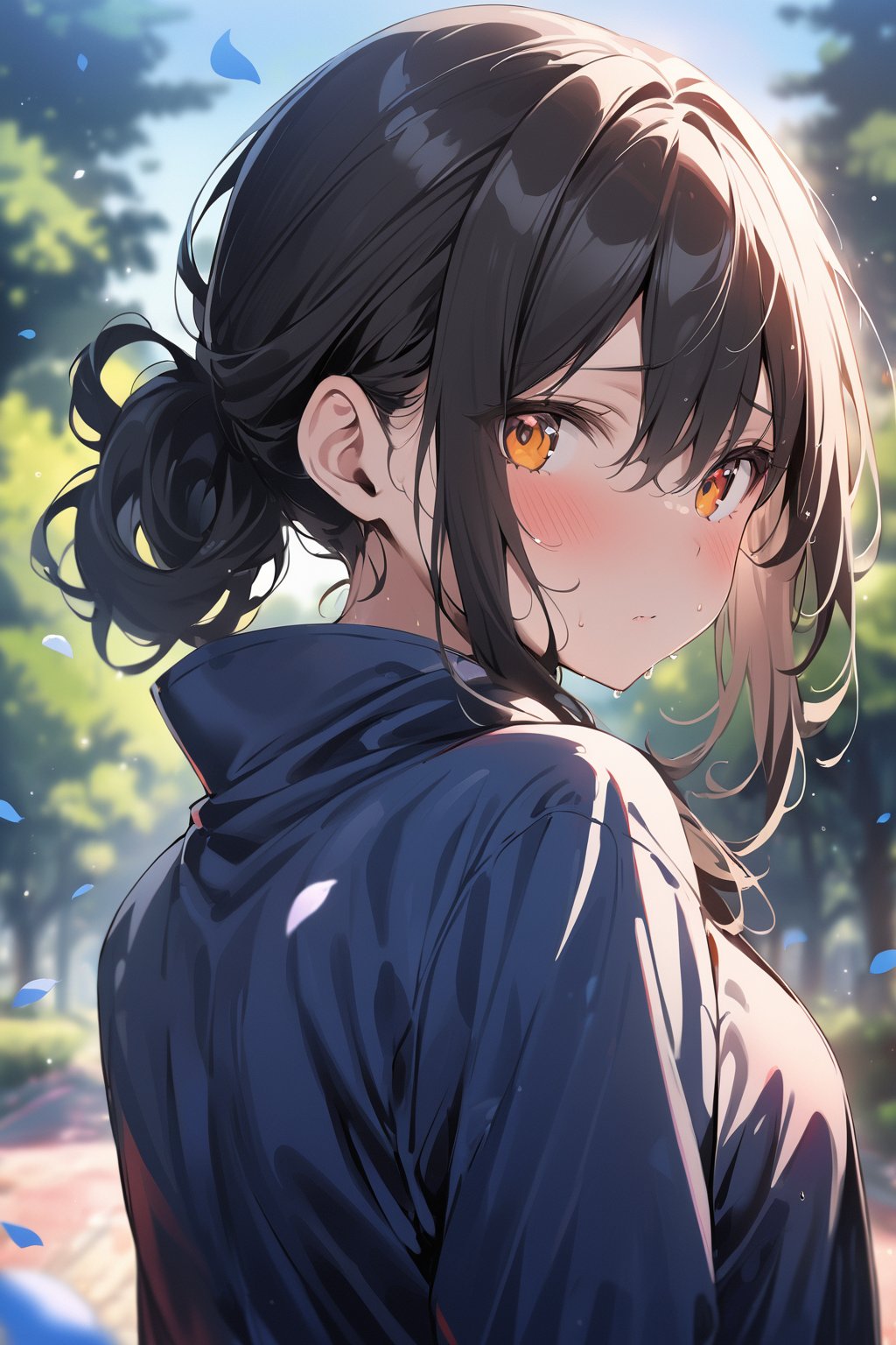masterpiece, best quality, Visual Anime, 1girl, solo, curly ponytail, looking at viewer, blush, bangs, orange eyes, shirt, hair between eyes, closed mouth, blue rain jacket, sweat, upper body, black hair, outdoors, day, looking back, blurry, tree, petals, blurry background, falling petals