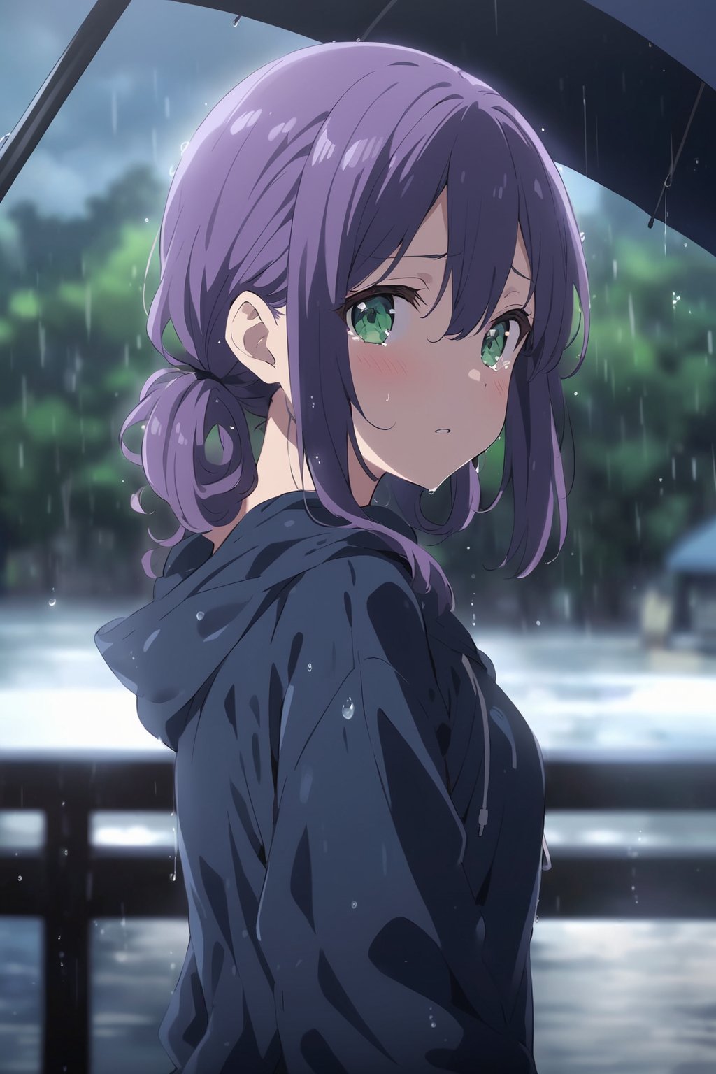  Visual Anime, masterpiece, best quality, 1girl, solo, curly short twintail, bun, looking at viewer, blush, bangs, green eyes, shirt, hair between eyes, crying_with_eyes_open, blue rain jacket, dark, hoodie, sweat, upper body, violet hair, outdoors, looking back, blurry, tree, blurry background, falling water, rain, overcast, umbrella, anime_screencap, fake_screenshot, dark sky, anime coloring