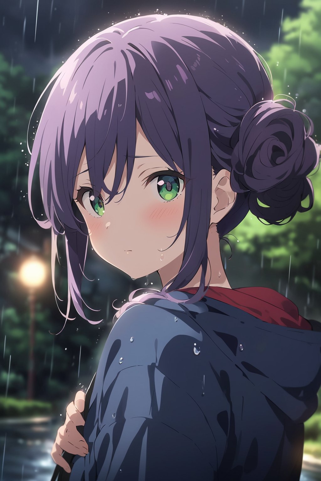  Visual Anime, masterpiece, best quality, 1girl, solo, curly short twintail, bun, looking at viewer, blush, bangs, green eyes, shirt, hair between eyes, closed mouth, blue rain jacket, dark, hoodie, sweat, upper body, violet hair, outdoors, looking back, blurry, tree, blurry background, falling water, rain, overcast, umbrella, anime_screencap, fake_screenshot, dark sky, anime coloring