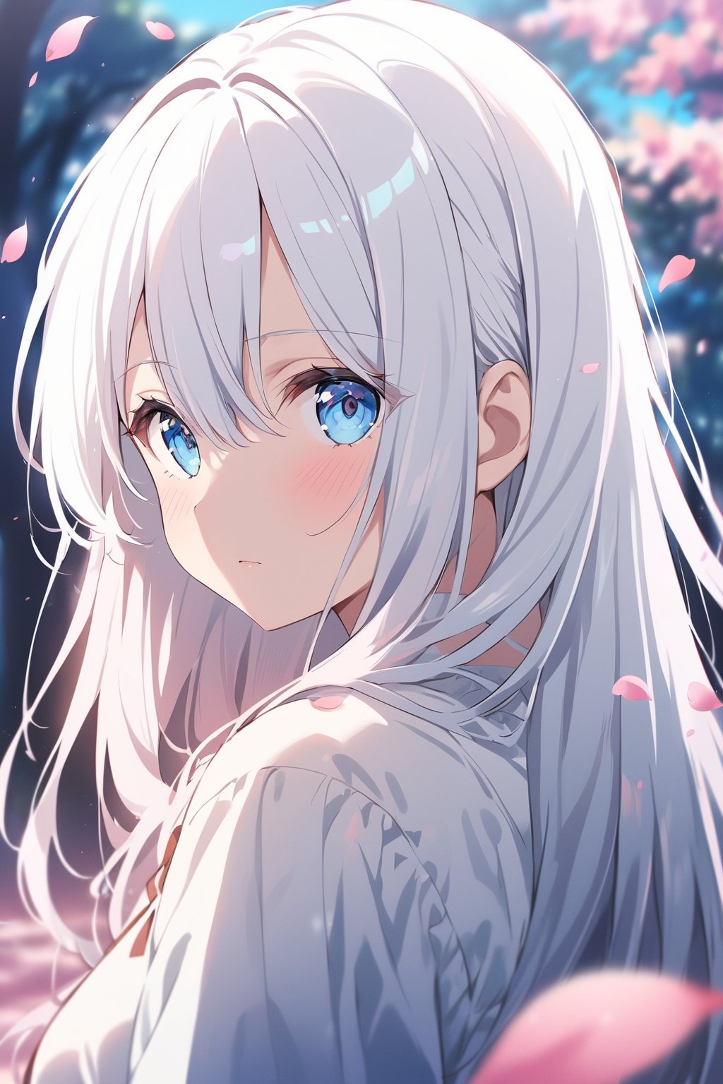 Visual Anime, 1girl, solo, long hair, looking at viewer, blush, bangs, blue eyes, shirt, hair between eyes, closed mouth, white shirt, upper body, white hair, outdoors, day, looking back, blurry, tree, petals, blurry background, falling petals