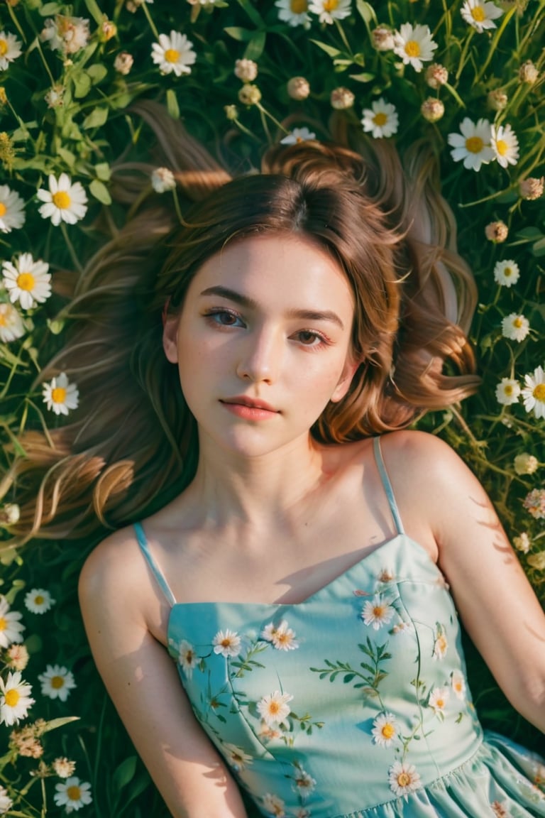 film grain, a beautiful young woman, wearing short dress, atmospheric lighting, lying on back, lying on meadow, surrounded by flowers, sunset, spring, warm light, facing the camera, looking directly at camera, extreme face closeup, , (top view:1.3), 35mm, Canon EOS R5,   epiC35mm  
