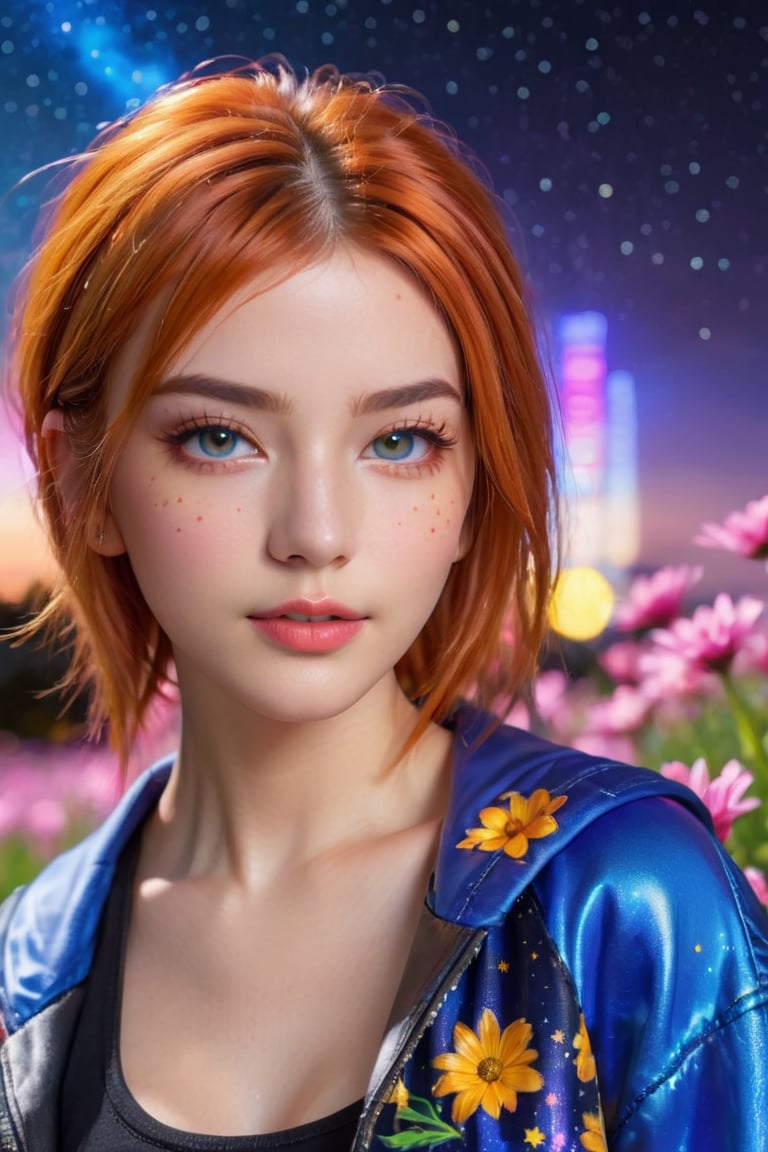 (best quality,4k,8k,highres,masterpiece:1.2), ultra-detailed, (realistic,photorealistic,photo-realistic:1.37), HDR, UHD, studio lighting, ultra-fine painting, sharp focus, physically-based rendering, extreme detail description, professional, vivid colors, bokeh, portraits girl with orange hair, blue cyberpunk outfit, extremely detailed eyes and face, long eyelashes, beautiful detailed lips, confident expression, standing in a colorful meadow, surrounded by vibrant flowers, with a starry night sky overhead, illuminated by neon lights, striking a dynamic pose, with a sense of movement, in a slightly diagonal angle, with a hint of mystery and charm
