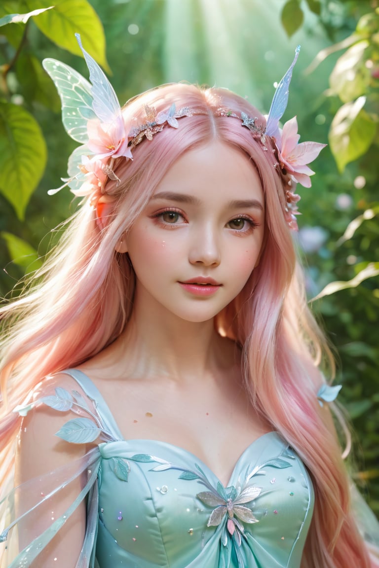 1 girl,glitter,fairies,leaves,flowers,petals,pastel,pink,(best quality,4k,8k,highres,masterpiece:1.2),ultra-detailed,(realistic,photorealistic,photo-realistic:1.37),soft lighting,porcelain skin,long flowing hair,magical atmosphere,delicate wings,enchanted garden,vibrant colors,fantasy artwork,sparkling magic dust,ethereal beauty,feminine and graceful,luminous glow,dreamy and whimsical.

