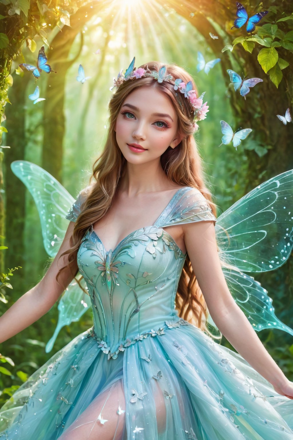 fantasy, girl, magical, ethereal, enchanted, mystical, dreamy, ethereal creature, beautiful detailed eyes, beautiful detailed lips, flowing hair, glowing skin, long eyelashes, enchanted forest, shimmering light, soft colors, whimsical, graceful, delicate, fairy-like, sparkling dress, floating, surrounded by butterflies, surrounded by flowers, holding a magical wand, dreamy atmosphere, fantasy world, glowing wings, surreal, otherworldly, mystical aura, captivating gaze, ethereal beauty, enchanting smile, magical crown, in a magical pose, magical creatures, mysterious, enchanting, captivating, surreal landscape, fairy tale, enchanted castle
