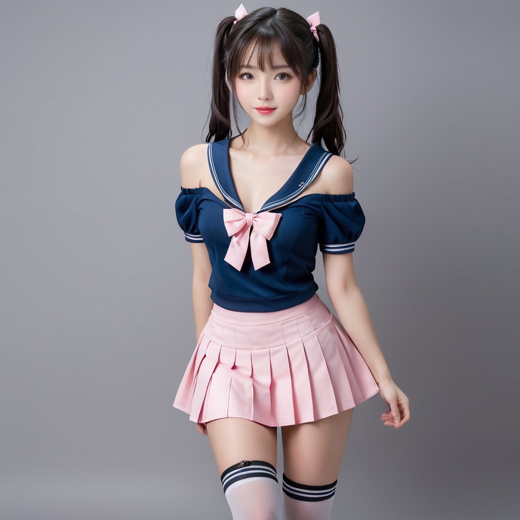(full body:1.5), A young girl with long dark-brown hair and straight bangs, fair skin, and a slim build, She is wearing an elegant pink off-the-shoulder, Japanese sailor suit school uniform, Sailor uniform bow tie, A very pretty short pink ruffle style skirt, Pink and white style, Black Stockings, Simple Background, Gray Background, 