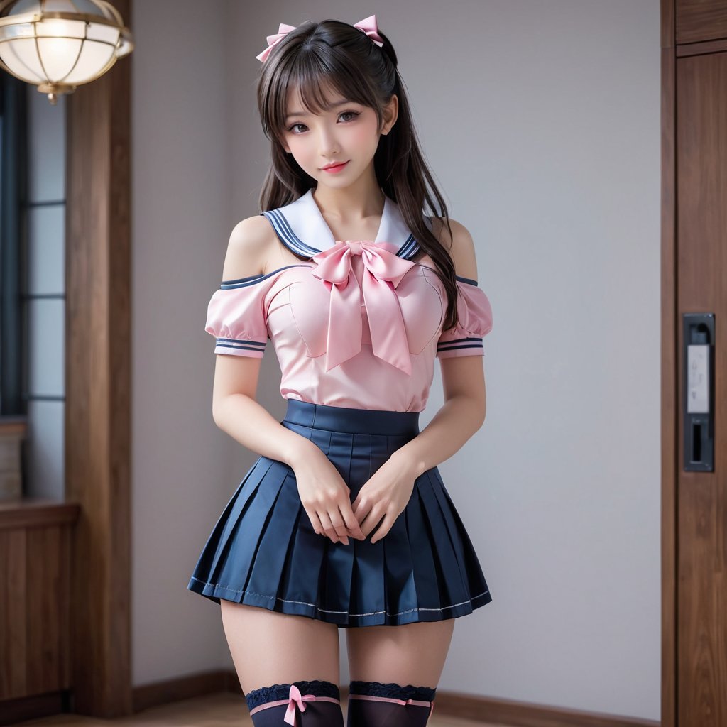 (Full body:1.5), 3D style, 1girl, solo, (((Huge breasts))), cleavage, A young girl with long dark-brown hair and straight bangs, fair skin, and a slim build, She is wearing an elegant pink off-the-shoulder, Pink and white style Japanese sailor suit school uniform, Sailor uniform bow tie, A very pretty short pink ruffle style skirt, Black Stockings, Black leather shoes, Simple Background, Gray Background, 