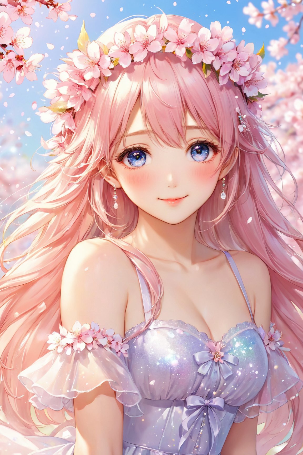 (highres,realistic) Anime,girl,detailed eyes,detailed lips,long hair,flower crown,soft expression,vibrant colors,cherry blossom background,fantasy,sparkles,shoujo manga style,sparkling eyes,pastel colors,gentle smile,peaceful atmosphere,light breeze,thin waist,alpha gradient,blushing,flowy dress,sparkling jewelry,natural lighting,petals falling,beautiful surroundings,utterly sublime,serene setting,waist-length hair,adorable,innocent,ethereal,delicate hands,pink blush,sparking eyes,joyful,tranquil,blissful