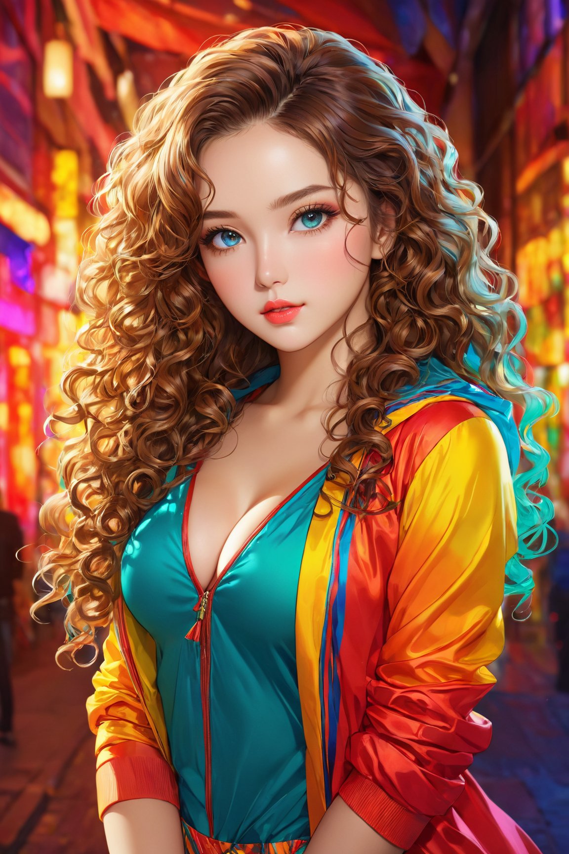 (bestselling anime girl,ultra-realistic:1.2),sexy detailed eyes,beautiful detailed lips,curly long hair,flawless smooth skin,vibrant colorful clothing,powerful confident pose,intense gaze,soft lighting,anime style,portraits,rich vibrant colors,luminous background