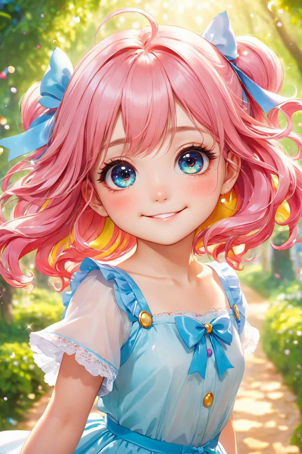 (best quality, 4k, 8k, highres, masterpiece:1.2), cute anime girl, large eyes, detailed eyelashes, rosy cheeks, innocent smile, playful pose, colorful hair, flowing ribbon, sparkling eyes, flawless skin, vibrant colors, fantasy background, soft shading, smooth lines, anime style, exaggerated expressions, expressive eyes, cheerful atmosphere, whimsical details, joyful personality, dynamic composition, ethereal lighting, magical elements, lively and energetic, storybook-like, childlike wonder, visual storytelling, sparkling highlights, vibrant and lively, playful and fun, fast-paced action, iconic and memorable, imaginative and playful, cute accessories, unique and eye-catching, adorable and charming