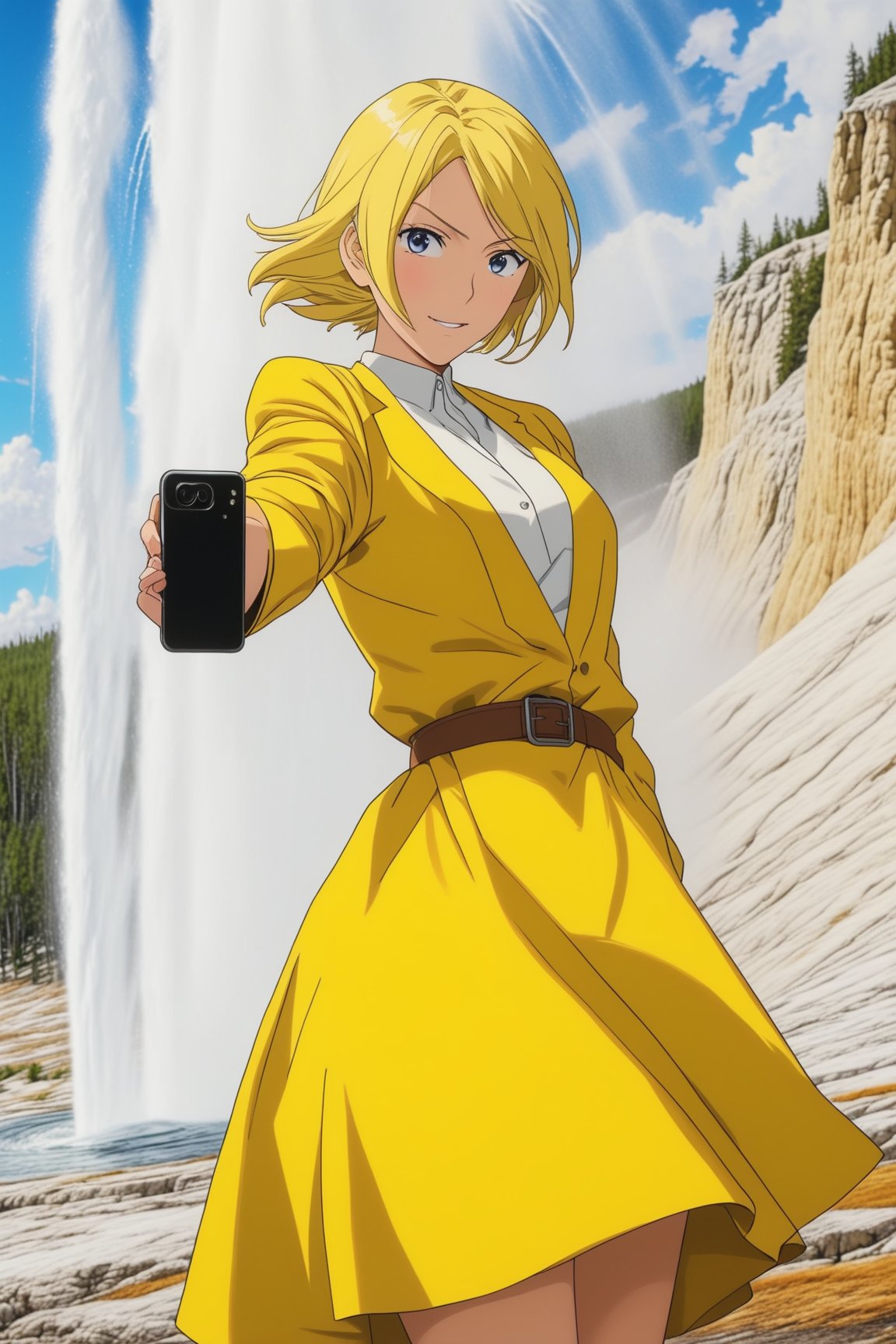 Highly-detailed beautiful girl,20yo,kuchiki rukia\(bleach\),taking selfie of Old Faithful of Yellowstone,highly-detailed exquisite face,soft shiny skin,detailed eyes,perfect female form,hourglass figure,long yellow hair,elegant pink jacket and jean skirt,smile,perfect hands,perfect fingers,vibrant colors,looking at viewer,1girl,solo,dynamic sexy pose,(halfbody shot:1.3),(backdrop: oldfa1thfu1,outdoors,blue sky,tree,scenery,realistic,detailed soil,mostly white soil with some brown),(girl full frame:1.5),(upperbody  close-up shot:1.5)
BREAK
trending on artstation,rule of thirds,perfect composition,cinematic lighting,anime style,ultra-detailed,masterpiece,sharp focus,high contrast,art_booster,ani_booster, photo_b00ster,real_booster,ye11owst0ne