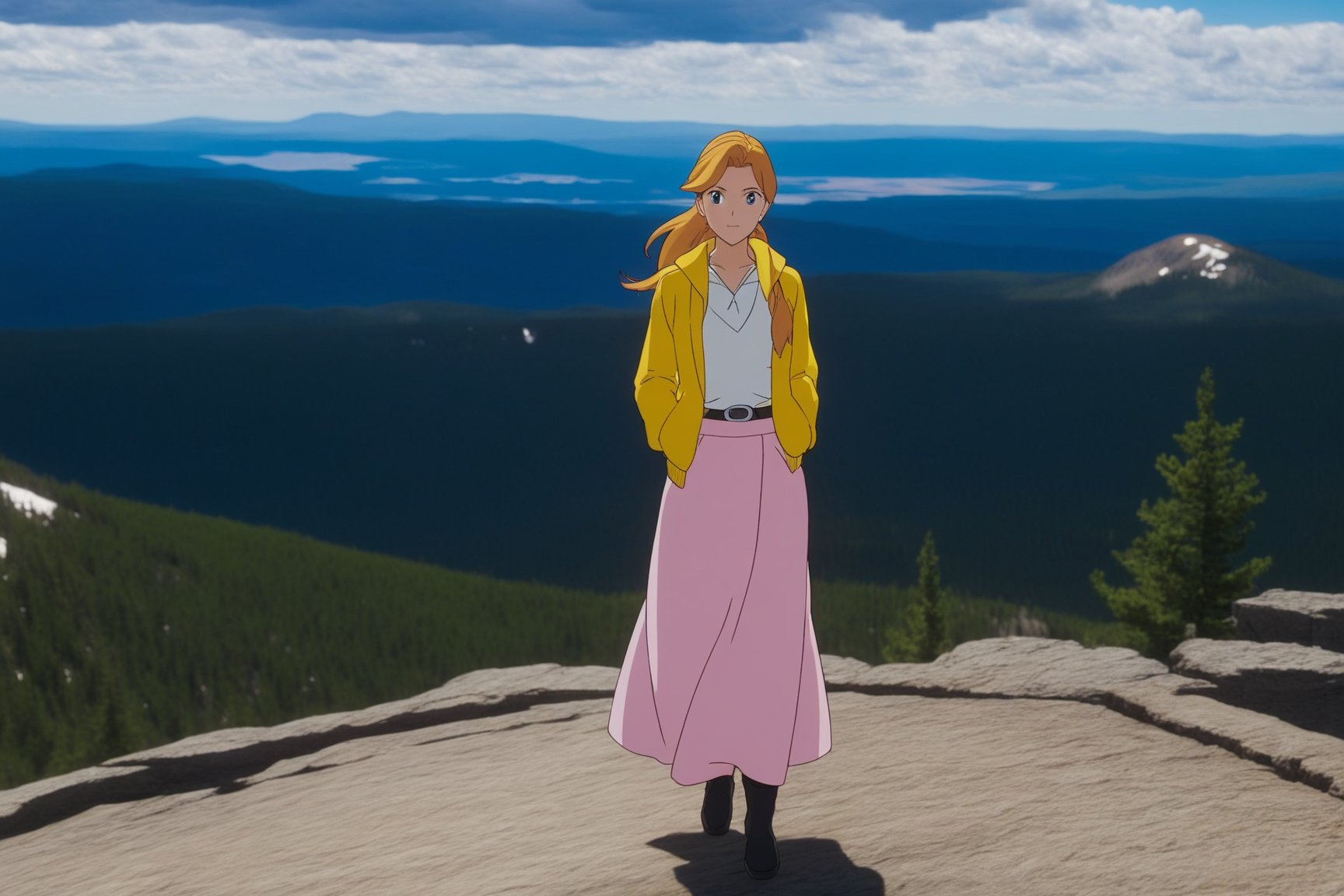 Highly-detailed beautiful girl,20yo,inoue orihime\(bleach\),standing in mount washburn summit of Yellowstone,highly-detailed exquisite face,soft shiny skin,detailed eyes,perfect female form,hourglass figure,long yellow hair,elegant pink jacket and jean skirt,smile,perfect hands,perfect fingers,vibrant colors,looking at viewer,1girl,solo,dynamic sexy pose,(head to thigh shot),(backdrop:mount washburn summit, wash9urn,at eye level,outdoors,blue sky,day,rock,horizon,green mountain,landscape,trail,tree,handrail),(girl focus:1.2)
BREAK
trending on artstation,rule of thirds,perfect composition,cinematic lighting,anime style,ultra-detailed,masterpiece,sharp focus,high contrast,art_booster,ani_booster, photo_b00ster,real_booster,ye11owst0ne