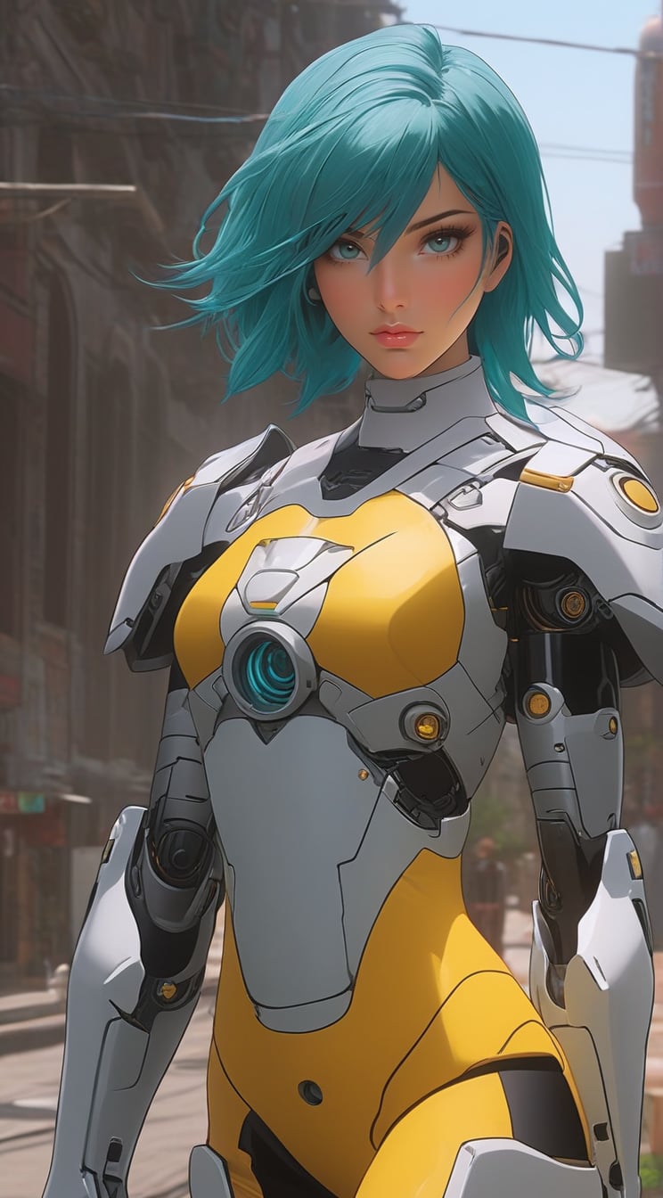 Highly detailed portrait of a cyborg girl standing in teh city street,20yo,clear facial features,model body,detailed hair,(backdrop: complex city street),(Turquoise,Baby Blue,Mustard Yellow,Gray color),(perfect hands:1.2),perfect body proportions,form-fitting mecha armor
BREAK 
anime vibes,(fullbody wide shot),rule of thirds,studio photo,hyper-realistic,masterpiece,HDR,trending on artstation,8K,Hyper-detailed,intricate details,cinematic lighting,(kirishima touka:1.2),ani_booster, art_booster,real_booster,H effect