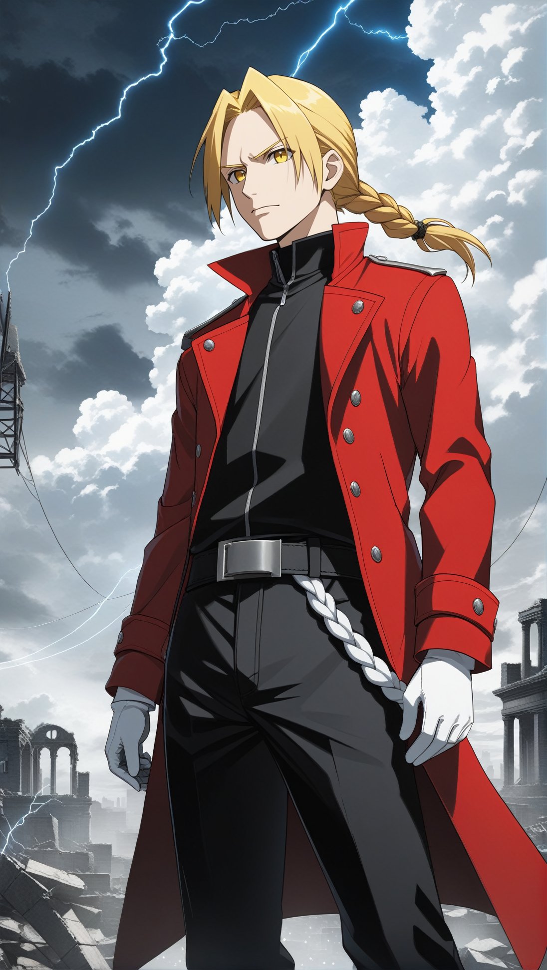Hyper-detailed Anime of edward elric \(fullmetal alchemist\),solo,long hair,looking at viewer,blonde hair, gloves,1boy,yellow eyes,braid,ahoge,male focus, outdoors,sky,belt,pants,cloud,white gloves,coat,single braid,black pants,cloudy sky,braided ponytail,electricity, ruins,red coat
BREAK 
(rule of thirds:1.3),perfect composition,trending on artstation,(thick and clear drawing lines:1.3),(masterpiece,best quality,32K,UHD,sharp focus,high contrast,hyper-detailed,intricate details,ultra-clear,cinematic lighting,vivid colors:1.5),ani_booster, real_booster