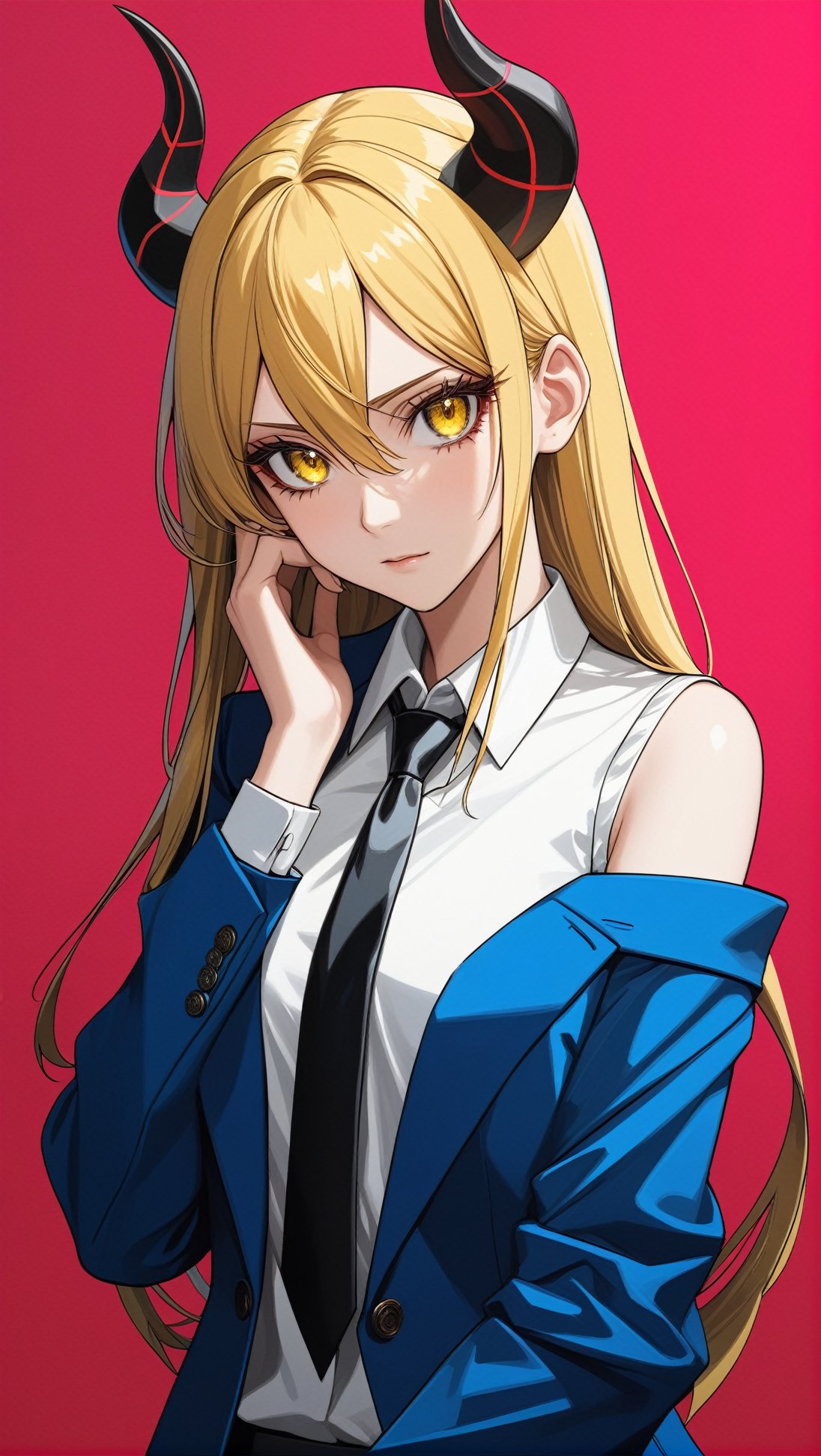 Hyper-detailed anime of power \(chainsaw man\),1girl, solo,long hair,looking at viewer,blonde hair,shirt,hair between eyes,jacket,yellow eyes,white shirt,necktie, horns,collared shirt,off shoulder,symbol-shaped pupils, formal,pink background,suit,blue jacket,demon horns, black necktie,red background,hand on own face,red horns,cross-shaped pupils,jacket partially removed
BREAK 
(rule of thirds:1.3),perfect composition,trending on artstation,(thick and clear drawing lines:1.3),(masterpiece,best quality,32K,UHD,sharp focus,high contrast,hyper-detailed,intricate details,ultra-clear,cinematic lighting,vivid colors:1.5),ani_booster, real_booster