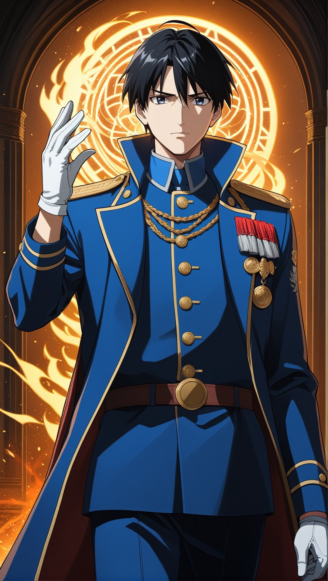 Hyper-detailed Anime of Roy Mustang \(fullmetal alchemist\),solo,looking at viewer,black hair,gloves,long sleeves,1boy,closed mouth,jacket,male focus, shiny,white gloves,uniform,black eyes,coat, military,military uniform,frown,expressionless,fire,blue jacket,rblack coat,serious,adjusting clothes,jacket on shoulders,blue pants,magic circle,aiguillette,collared jacket,coat on shoulders,embers,adjusting gloves, sparks,dark tunnel backdrop,fullbody
BREAK 
(rule of thirds:1.3),perfect composition,trending on artstation,(thick and clear drawing lines:1.3),(masterpiece,best quality,32K,UHD,sharp focus,high contrast,hyper-detailed,intricate details,ultra-clear,cinematic lighting,vivid colors:1.5),ani_booster, real_booster