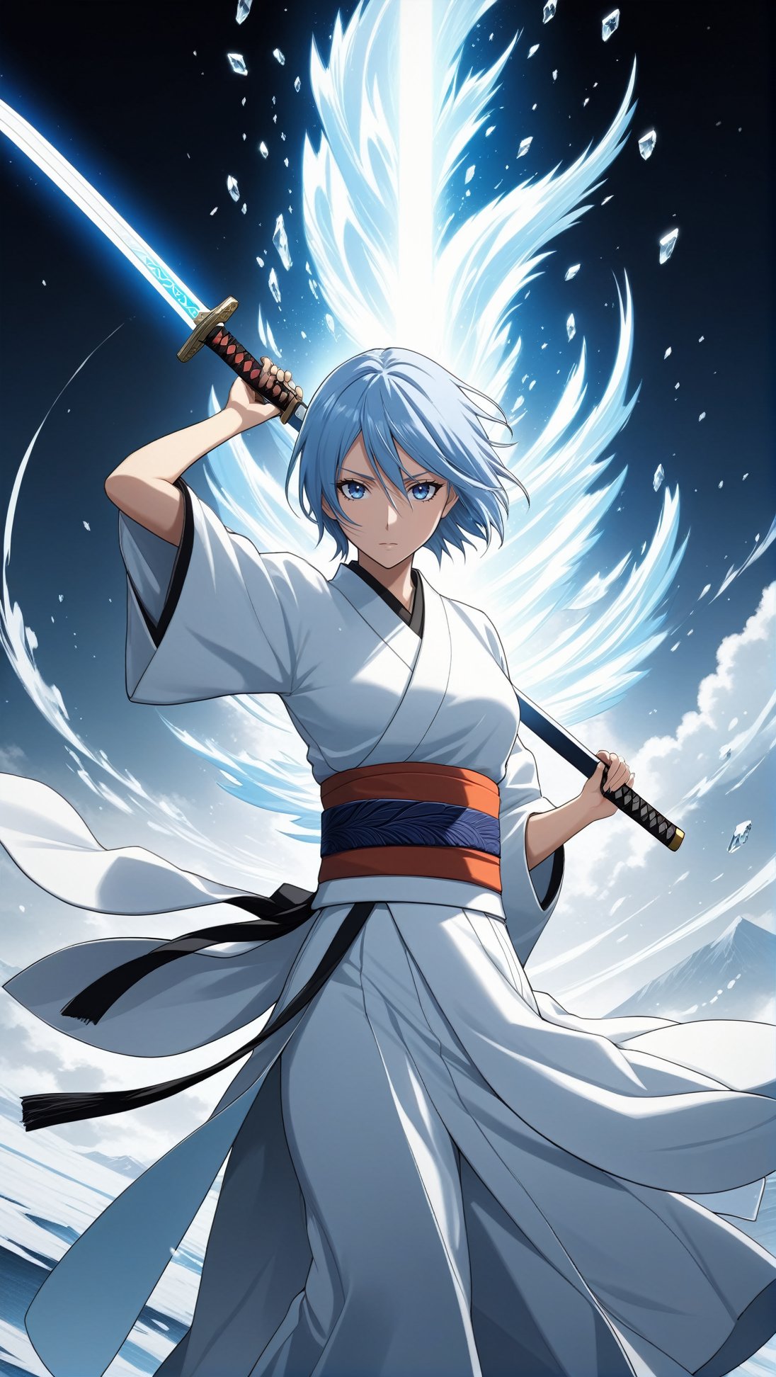 Hyper-detailed anime of 1girl,solo,kuchiki rukia \(Bleach\),short hair,blue eyes,light blue hair,model body,perfect female form,fairy-like,weapon,(White japanese clothes:1.3),sword,swinging sword,cloud,(Mysterious white Majestic luxurious and emitting kimono for royalty:1.3),flowing lines from clothes,ice pieces,bankai force \(Bleach\),ice smoke,strong aura,white ice and snow,holy atmosphere,mesmerizing,katana,letterboxed,fullbody,low-key,cluttered maximalism
BREAK 
(rule of thirds:1.3),perfect composition,trending on artstation,(thick and clear drawing lines:1.3),(masterpiece,best quality,32K,UHD,sharp focus,high contrast,hyper-detailed,intricate details,ultra-clear,cinematic lighting,vivid colors:1.5),ani_booster, real_booster