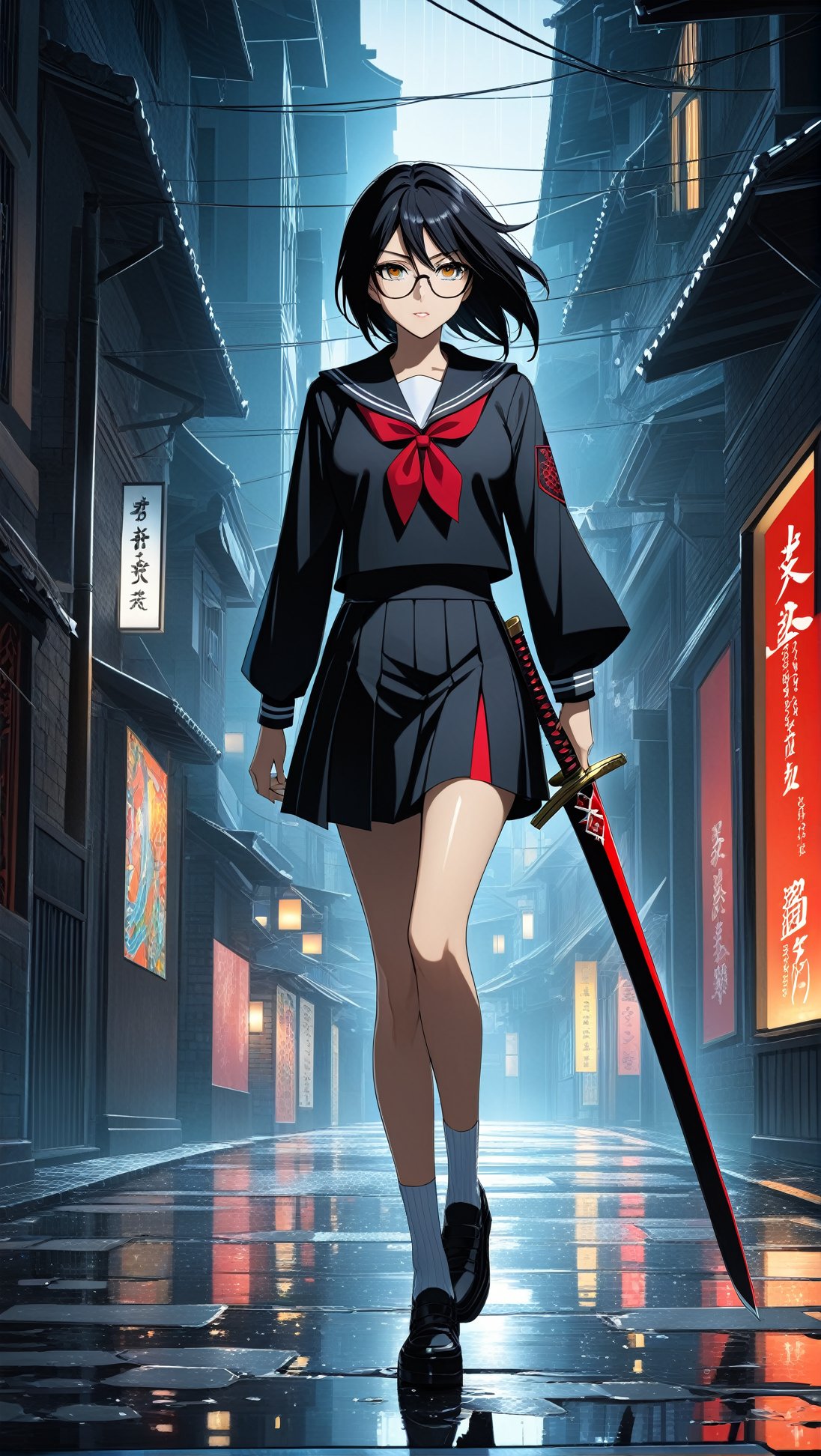 Hyper-Detailed Anime of vampire slayer Saya,wearing sailor-style high school uniform,miniskirt,detailed exquisite face,kuchiki rukia,low-key,glasses,swinging a samurai sword,perfect female form,model body,fullbody
BREAK
Backdrop of city back street,night,dim light,rain,puddles,cluttered maximalism
BREAK
(rule of thirds:1.3),perfect composition,trending on artstation,(thick and clear drawing lines:1.3),(masterpiece,best quality,32K,UHD,sharp focus,high contrast,hyper-detailed,intricate details,ultra-clear,cinematic lighting,vivid colors:1.5),ani_booster,
real_booster