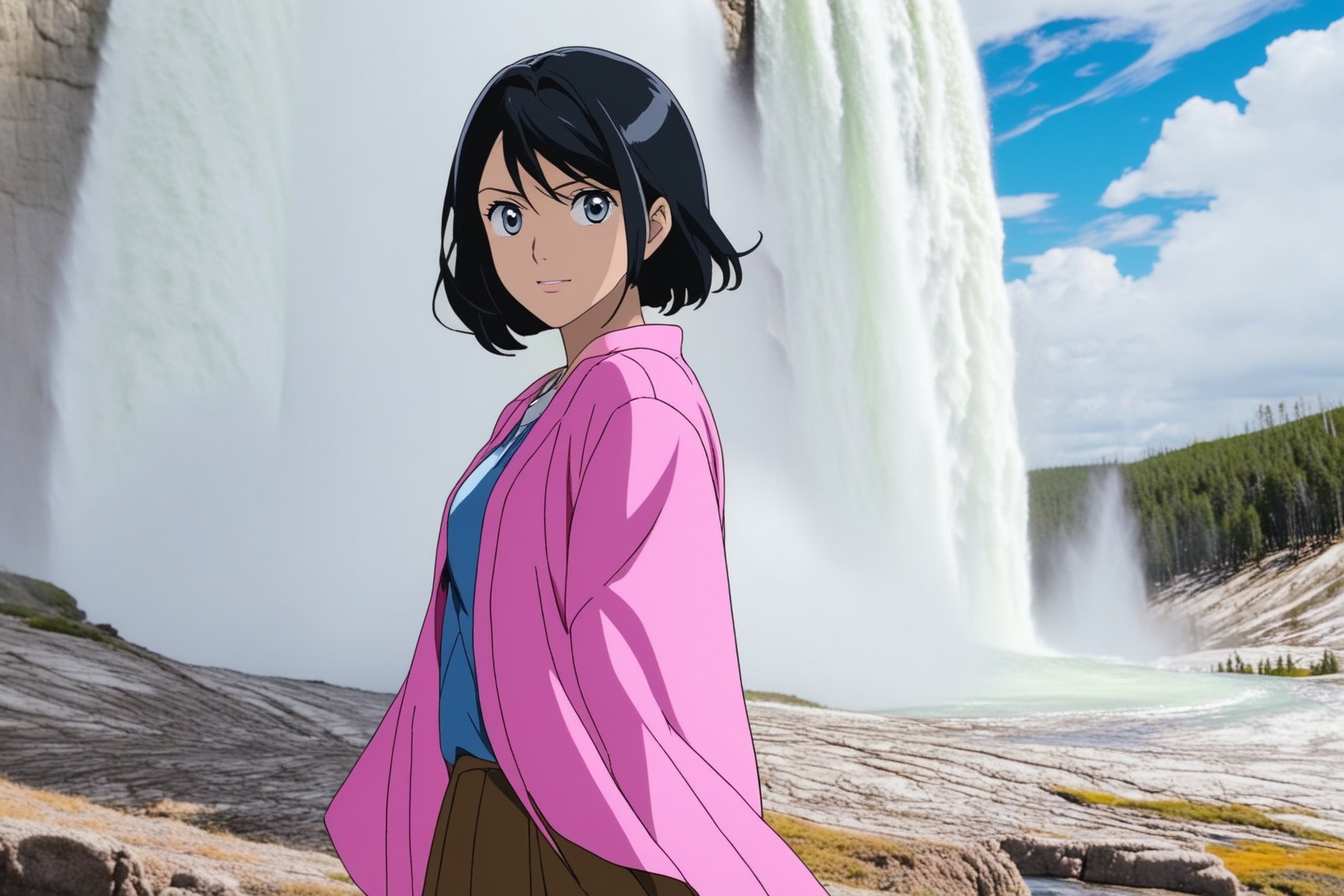 Highly-detailed beautiful girl,20yo,kuchiki rukia\(bleach\),taking selfie of Old Faithful of Yellowstone,highly-detailed exquisite face,soft shiny skin,detailed eyes,perfect female form,hourglass figure,black hair,elegant pink jacket and jean skirt,smile,perfect hands,perfect fingers,vibrant colors,looking at viewer,1girl,solo,dynamic sexy pose,(halfbody shot:1.3),(backdrop: oldfa1thfu1,outdoors,blue sky,tree,scenery,realistic,detailed soil,mostly white soil with some brown),(girl full frame:1.5),(upperbody  close-up shot:1.5)
BREAK
trending on artstation,rule of thirds,perfect composition,cinematic lighting,anime style,ultra-detailed,masterpiece,sharp focus,high contrast,art_booster,ani_booster, photo_b00ster,real_booster,ye11owst0ne