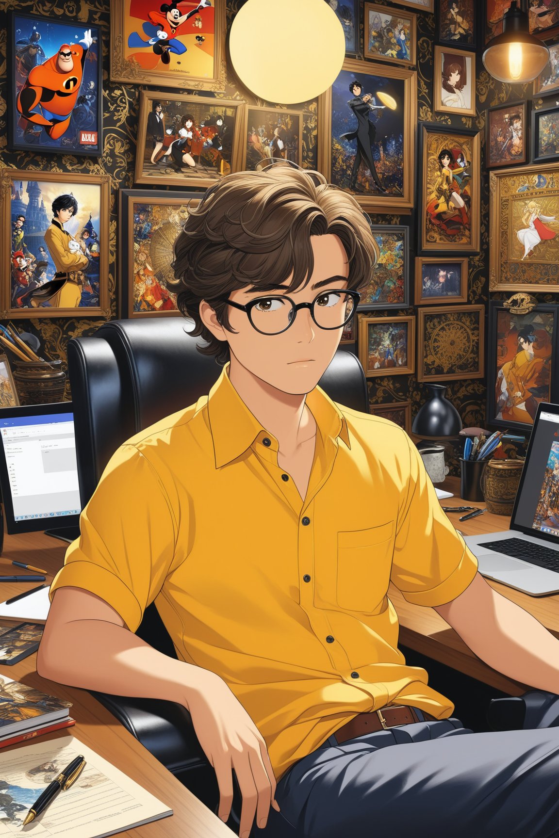 Highly detailed anime of a young businessmansitting in front of a computer in his office,looking very sleepy,short brown hair,brown skin,wearing glasses,wearing a yellow shirt,backdrop of busy office,cluttered maximalism,(Disney Pixar-style:1.3)
BREAK 
(anime vibes:1.3),rule of thirds,studio photo,(masterpiece,best quality,trending on artstation,8K,Hyper-detailed,intricate details,ink and pen),cinematic lighting,by Karol Bak,Antonio López,Gustav Klimt and Hayao Miyazaki,ani_booster,real_booster,art_booster