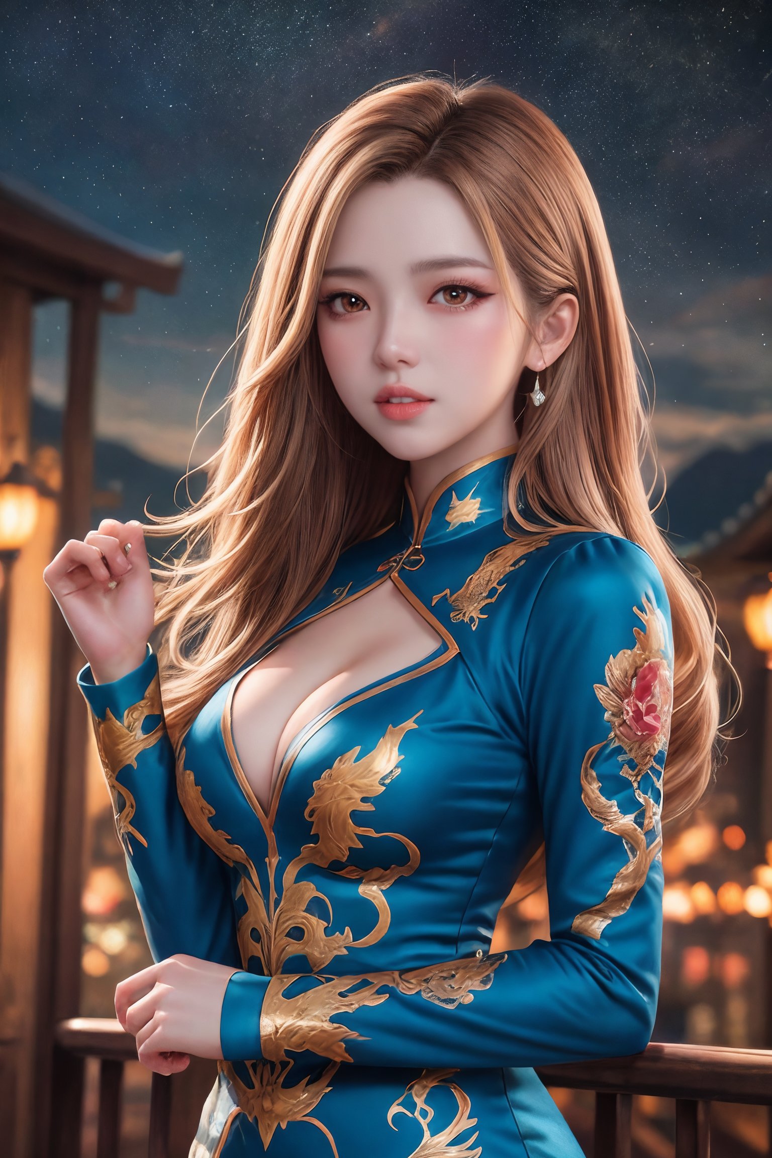 ((masterpiece)), ((best quality)), ((illustration)), extremely detailed,style girl, long shot, Vietnamese, small breast,light brown long_hair, beautiful detailed deep eyes, beautiful detailed city sky, beautiful detailed street, cinematic lighting, dramatic angle, (very long sleeves), frills, formal, close to viewer, (an extremely delicate and beautiful),best quality,highres,official art,extremely detailed CG unity 8k wallpaper,  ((starry sky)), star lightings,array stars, Holy, noble, ((oil painting)) , ((wallpaper 8k CG)), (realistic), Concept Art, vary blue and red and orange and pink hard light, intricate light, dynamic hair, haircut, dynamic fuzziness, beautiful and aesthetic, intricate light, manga and anime,Enhance,Daughter of Dragon God