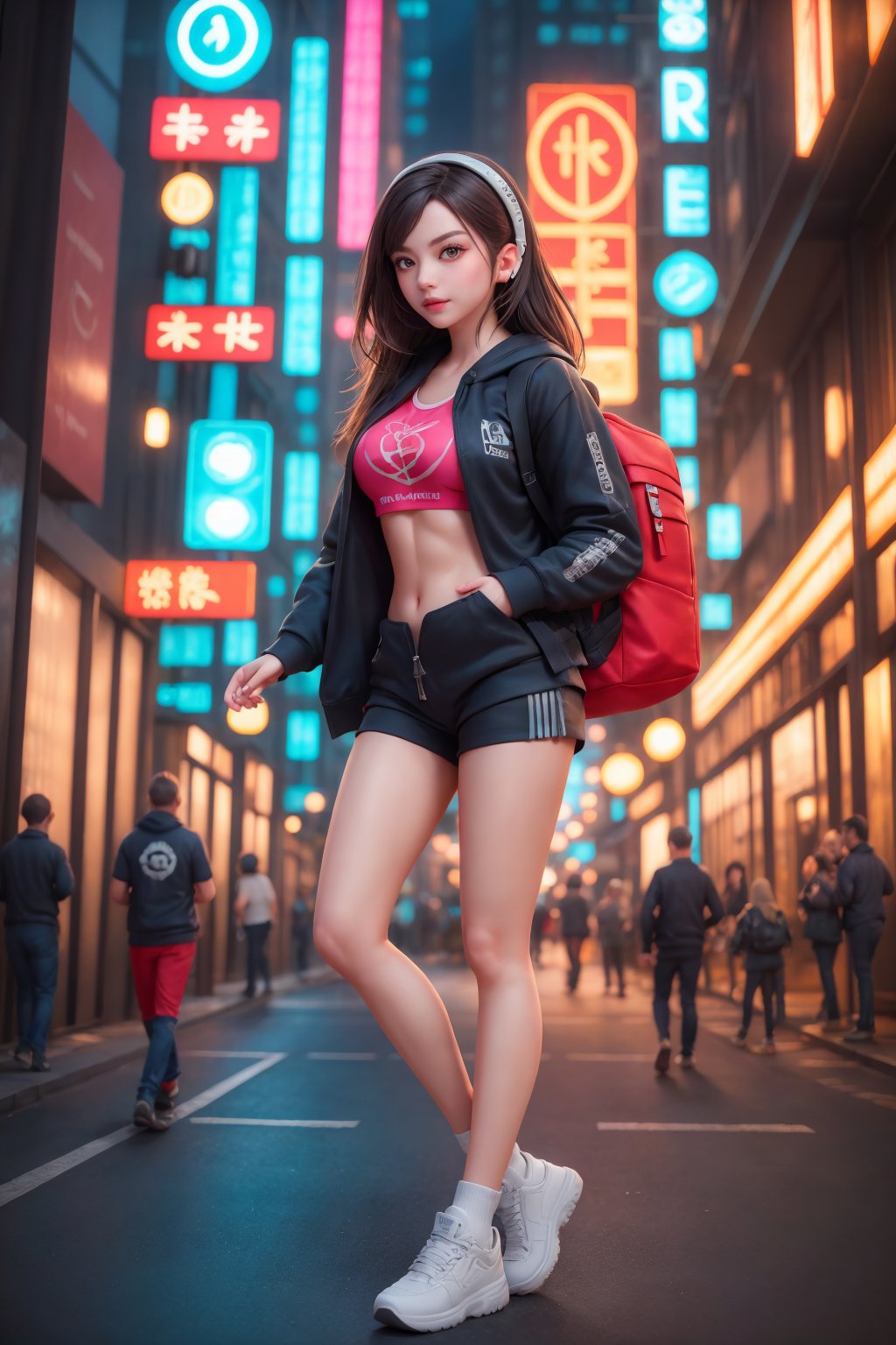 Dreampolis, hyper-detailed digital illustration, cyberpunk, single girl with techsuite hoodie and headphones in the street, neon lights, lighting bar, city, cyberpunk city, film still, backpack, in megapolis, pro-lighting, high-res, masterpiece,Nice legs and hot body